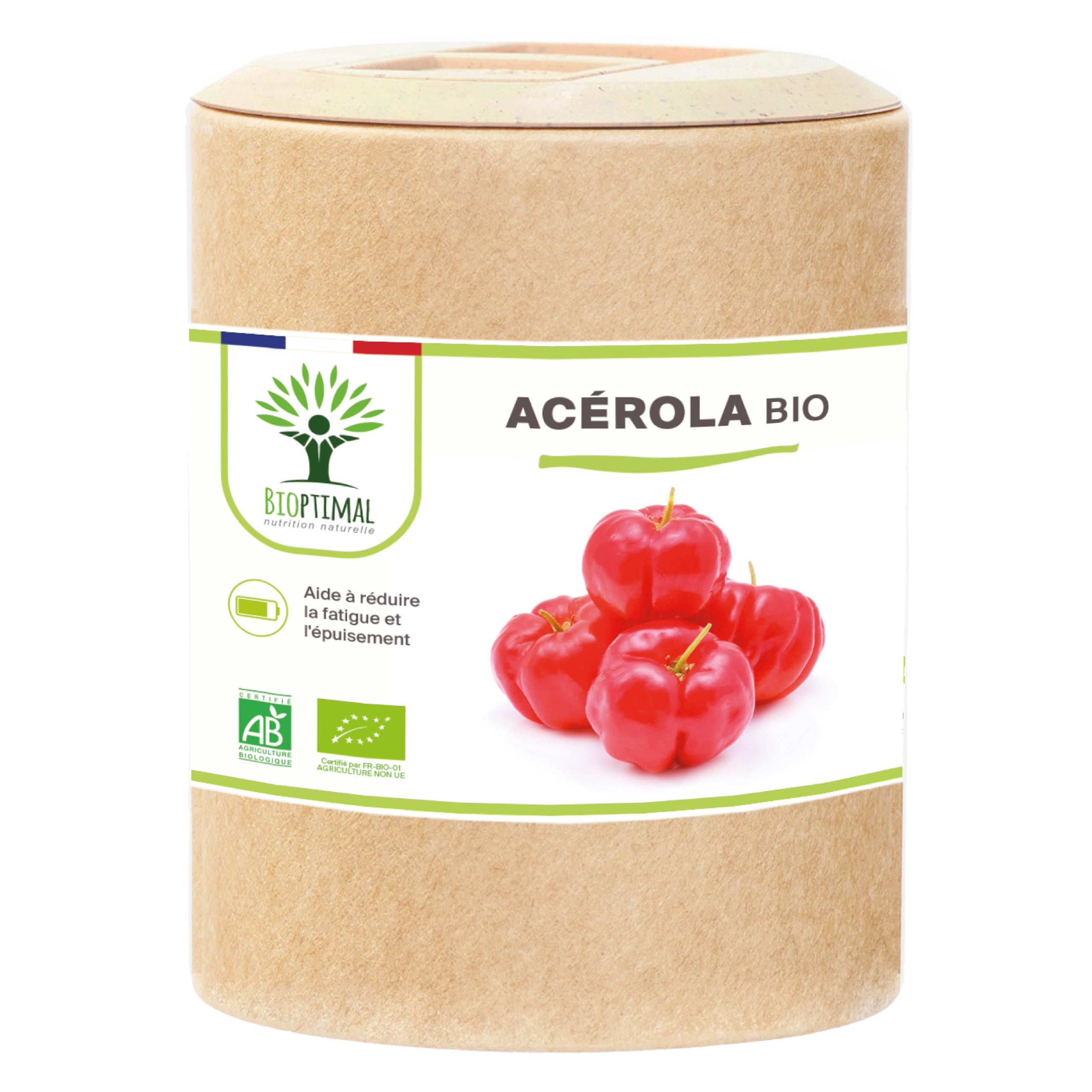 Acerola Bio - Bioptimal - Complément Alimentaire - Extrait d'Acérola en Gélule - 17% de Vitamine C Biodisponible - Anti-Fatigue Immunité - Fabriqué in France - Certifié par Ecocert - 200 gélules