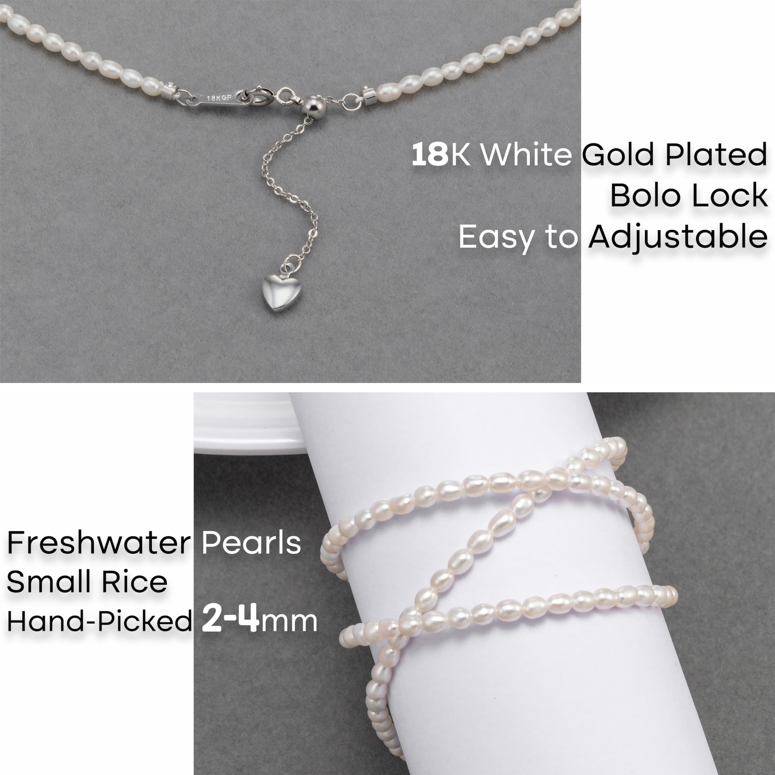 Collana girocollo da donna con piccole perle d'acqua dolce | Perline bianche da 2-4 mm, chiusura placcata in oro 18 carati, regolabile da 40,6 cm con catena da 5,1 cm