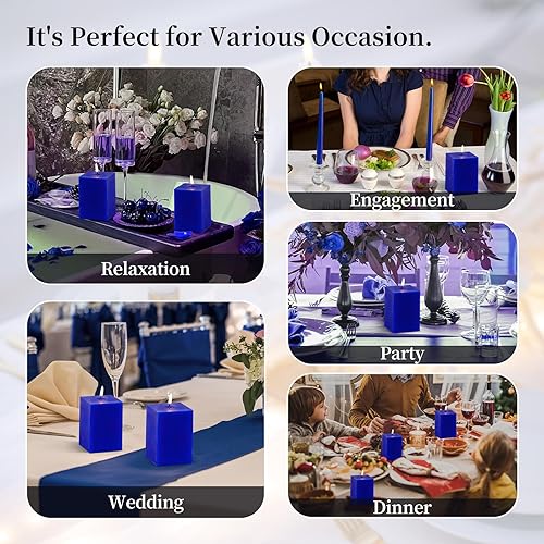 Miniatura 7 de KONNI Juego de 3 velas cuadradas clásicas de pilar azul, velas de pilar sin perfume de 2.8 x 4 pulgadas a granel, velas de 30 horas de combustión,