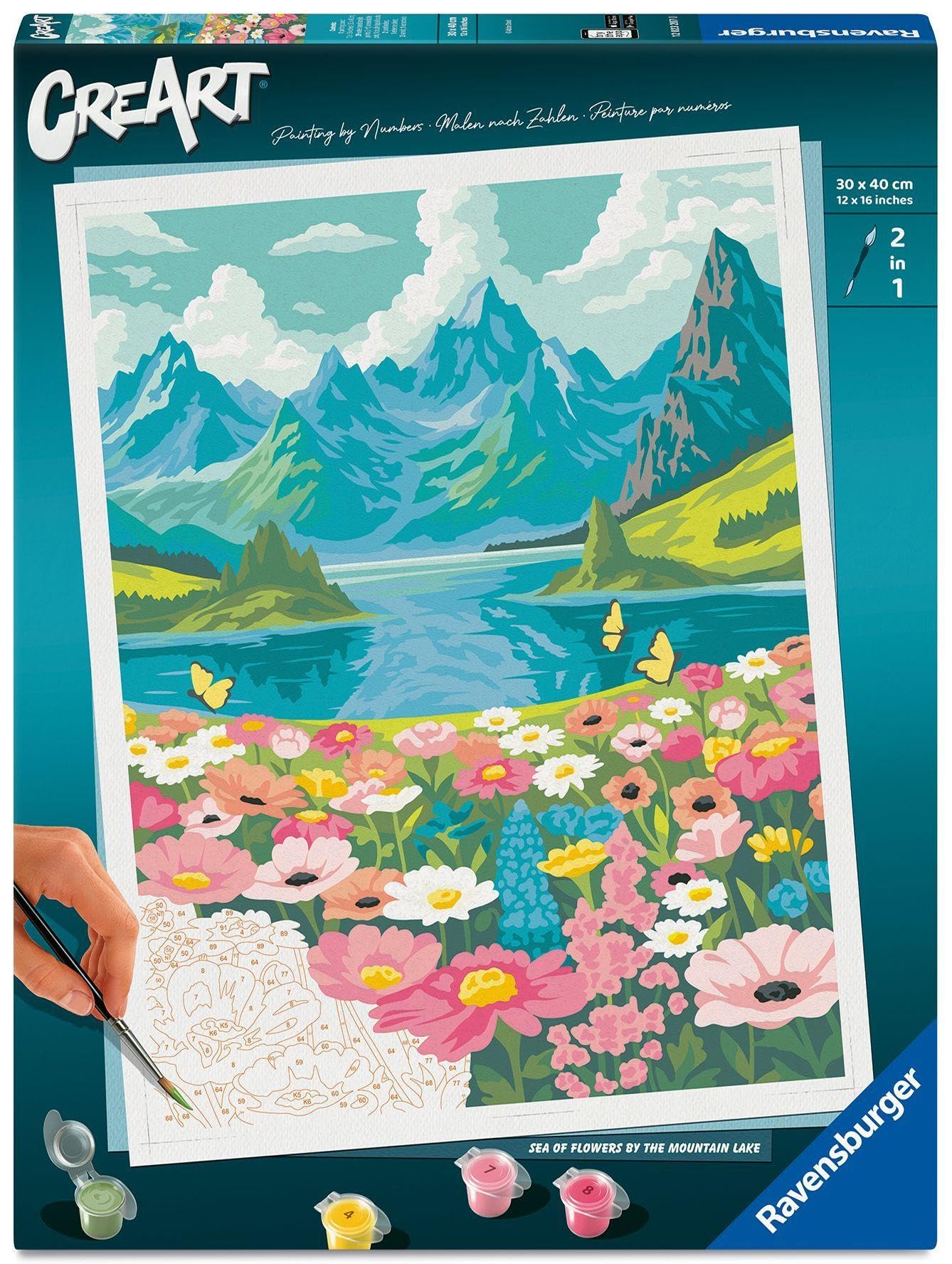 Ravensburger CreArt 12023207 - Blumenmeer am Bergsee - Malen nach Zahlen Erwachsene, DIY Malset mit Pinsel und Acrylfarben, Geschenk für Frauen und Männer, Malen für Erwachsene