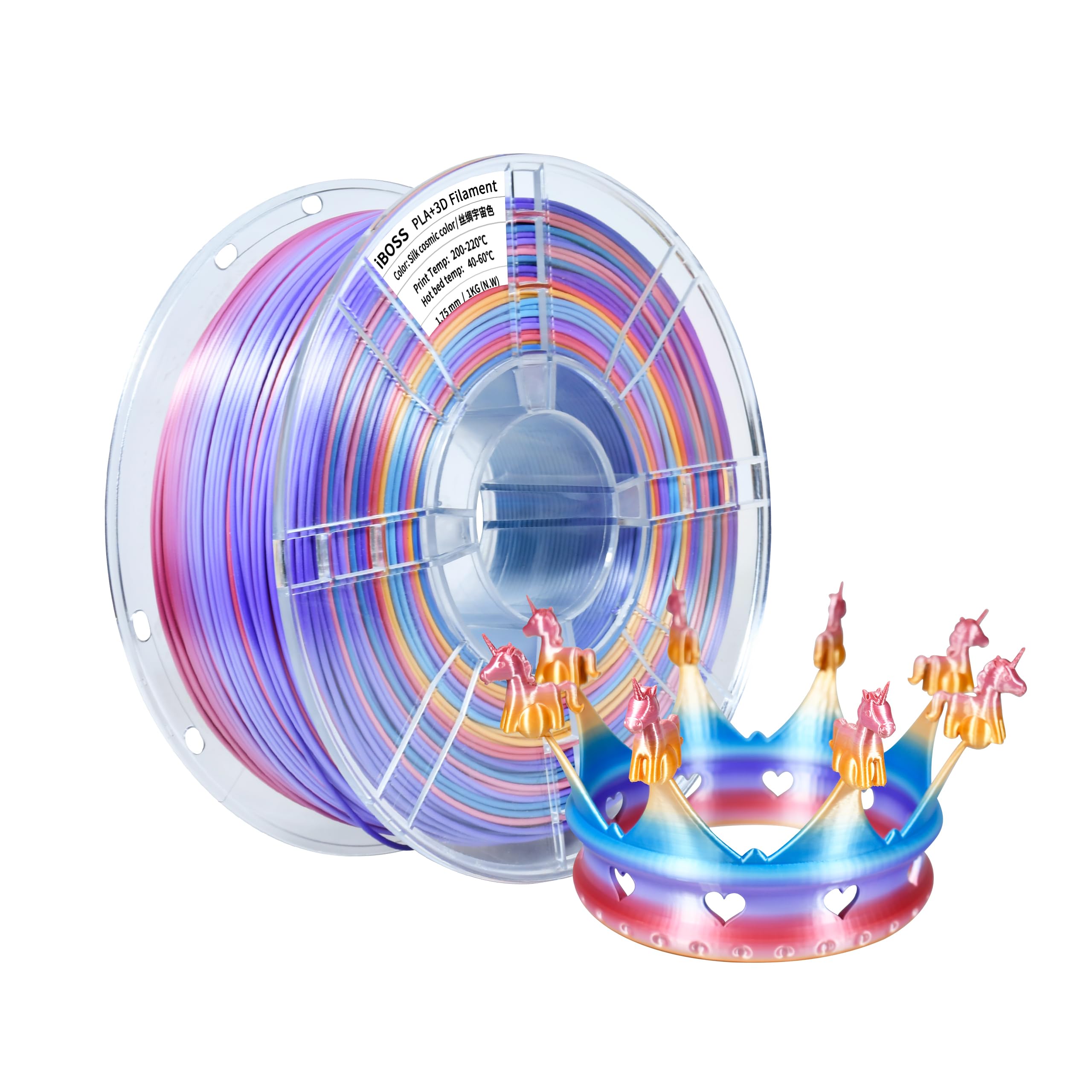 iBOSS 3D Printer Filament 1.75mm +/- 0.02 mm, Rainbow PLA Plus Filament, Multicolor Strong Toughness No-Tangling 1kg, Color Changing Multicolor PLA+ Filament for FDM 3D Printers (Silk Cosmic Rainbow)