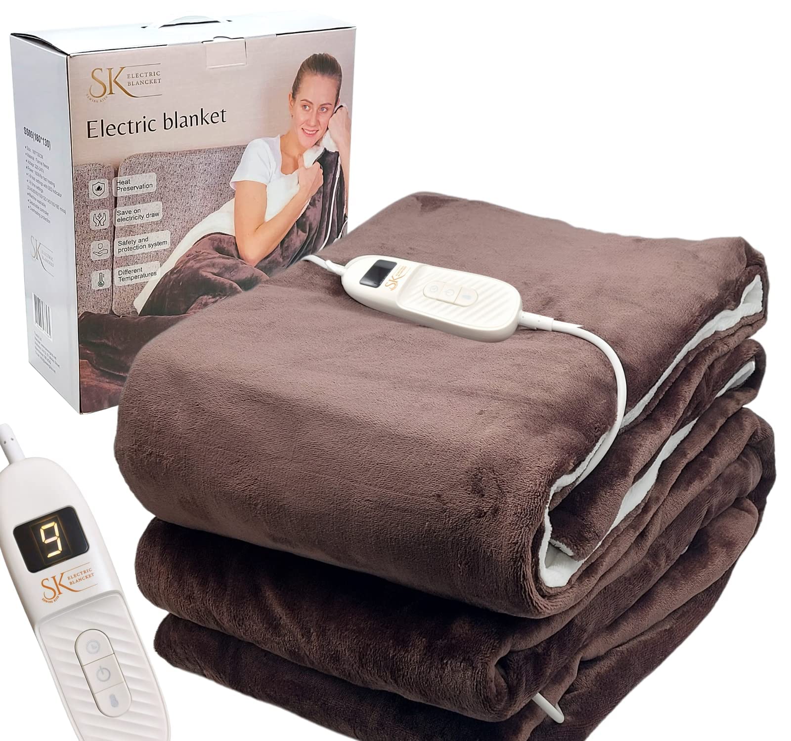 SK Electric Heated Blanket Throw Flannel Fleece Fast Heating Large size  180x130cm,9 Heat Levels, Auto-Off Timer u0026 LED Display, Machine Washable,UK  Certified (chocolate) : Amazon.co.uk: Health u0026 Personal Care