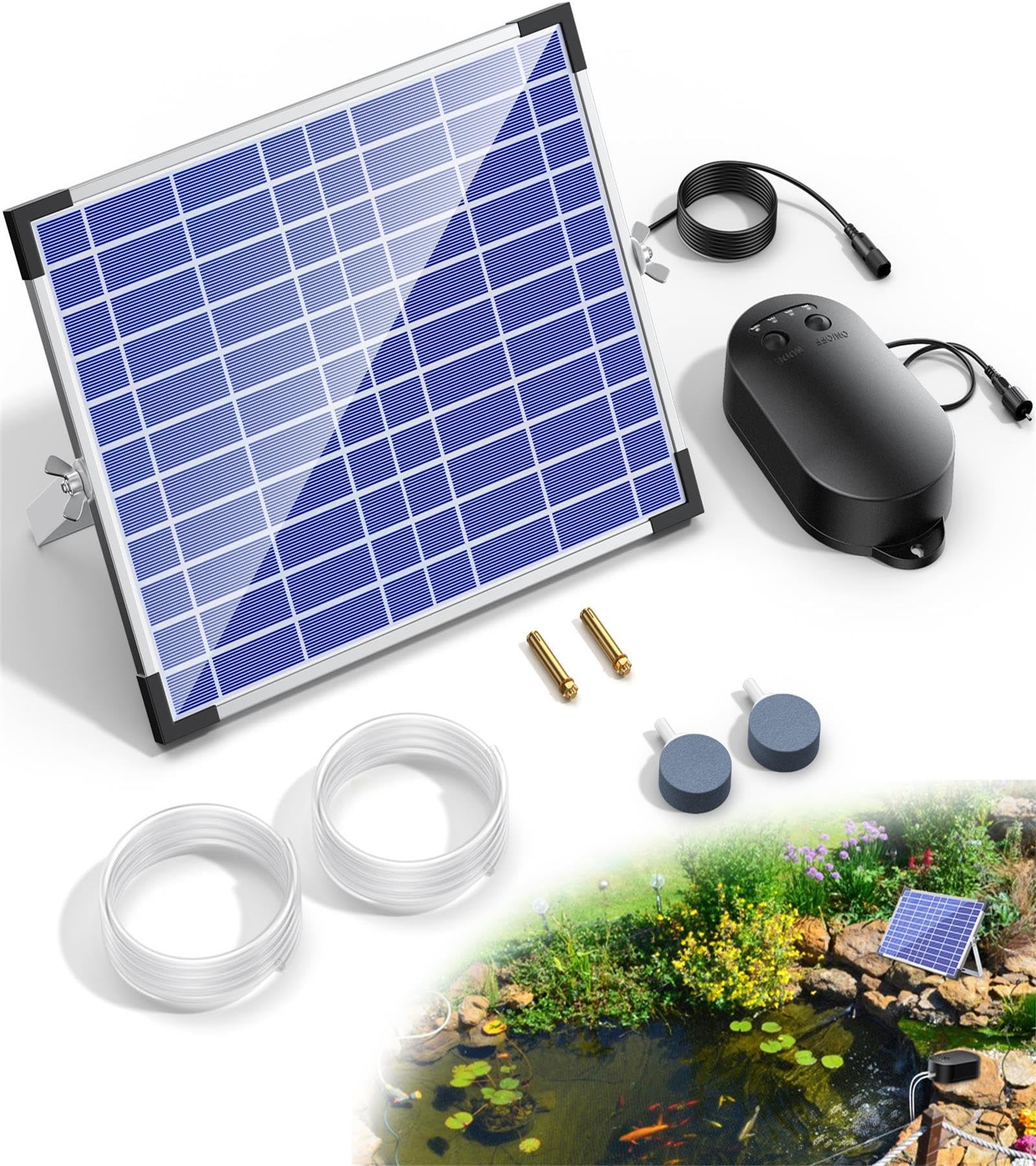 Biling Aérateur de Bassin Solaire 15W avec 4400mAh Batterie, Pompe à Air Solaire Double Sortie Fonctionne Jour et Nuit, Oxygénateur Étanche IPX5 pour Étang de Jardin, Aquarium, Bassin à Poissons