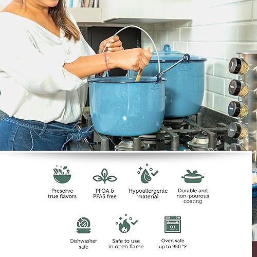 Miniatura 6 de Cinsa - Juego de ollas de acero esmaltado de 8 piezas (14 y 8 QT) con tapas, juego de utensilios de cocina azul turquesa