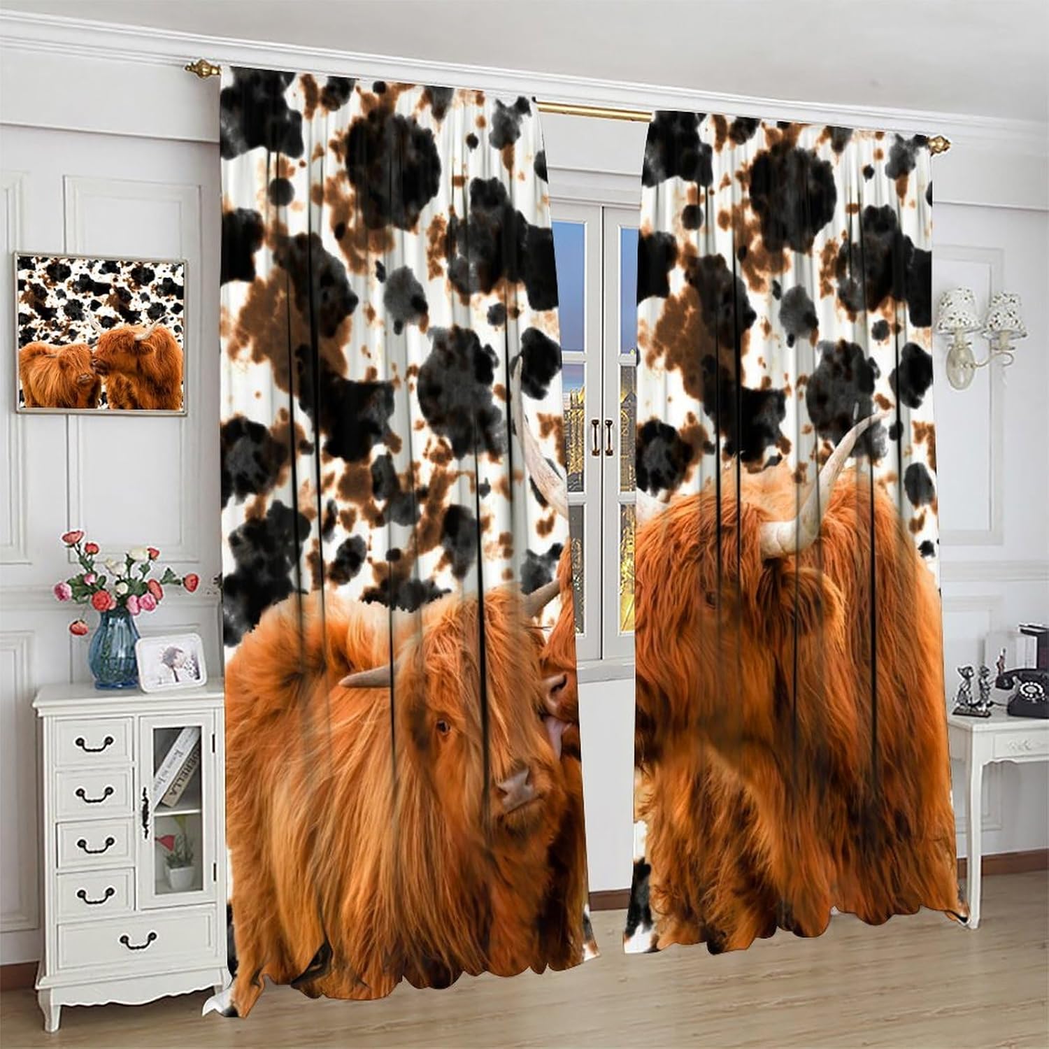 Highland Cattle Curtains, Farmhouse Western Wild Animal Milk Cow Fur Print Blackout Window Drapes Rustic Country Style Rod Pocket Window Treatments for Bedroom Living Room 42x45 Inch