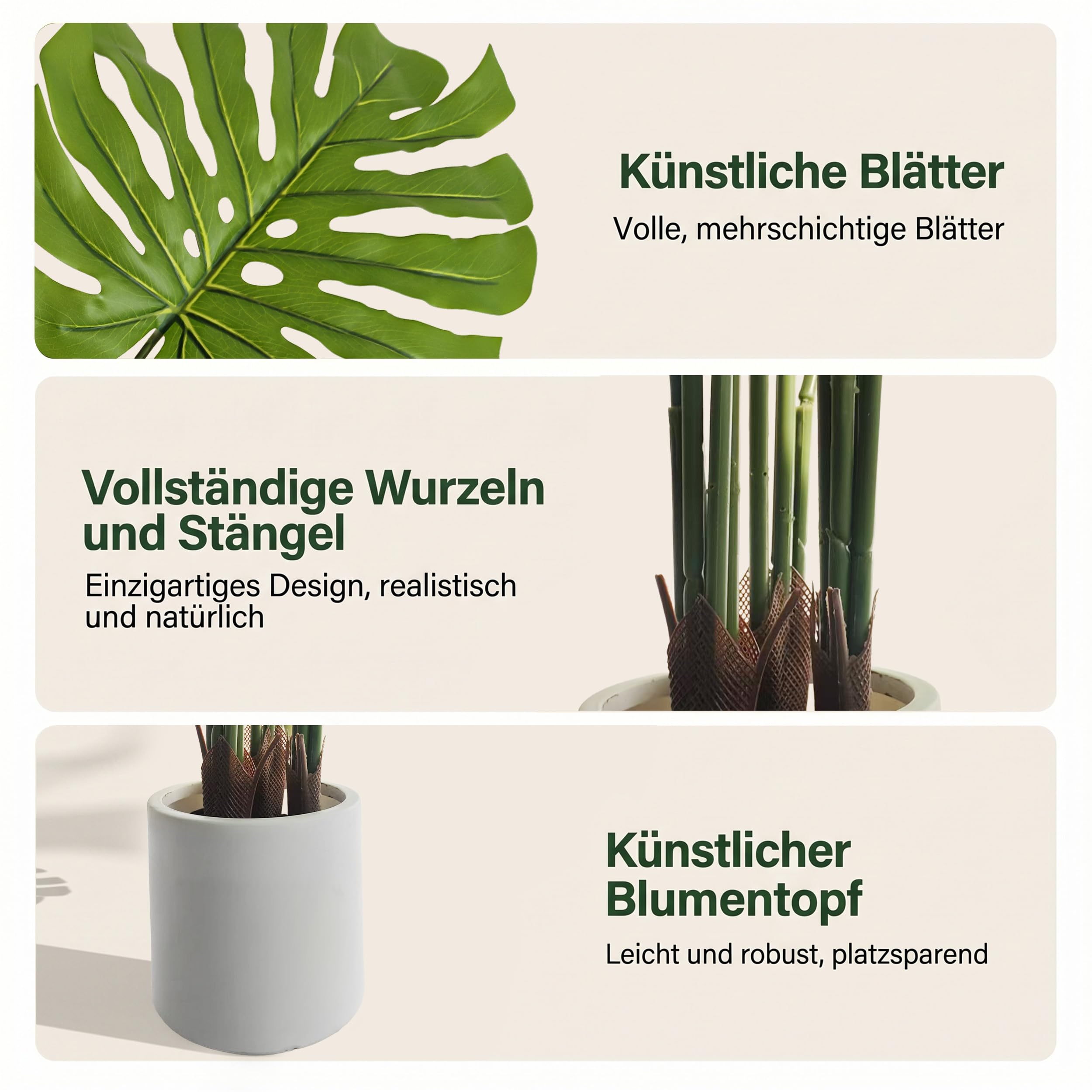 BEAUTYPEAK 160cm Monstera Künstliche Pflanze Wie Echt mit Weißem Topf | Kunstpflanze in Dichtes Laubwerk, Biegbare Blätter, Zimmerpflanze Deko für Wohnzimmer, Balkon,Büro,Flur, 2 Stück Fake Plants