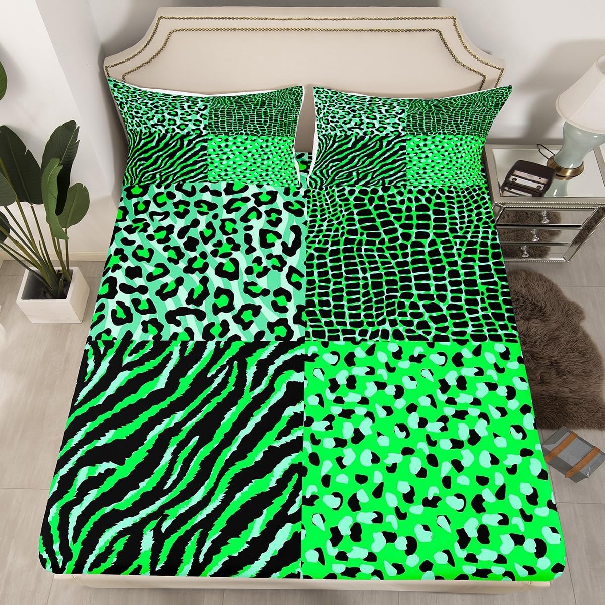 Safari Animals Skin Fitted Sheet Queen,Leopard Zebra Plaids Print Bedding Set,Luxury Geometric Patchwork Bed Sheet 3 Pieces (No Flat Sheet),Woman Adults Pink Black Deep Pocket Sheet,2 Pillowcases