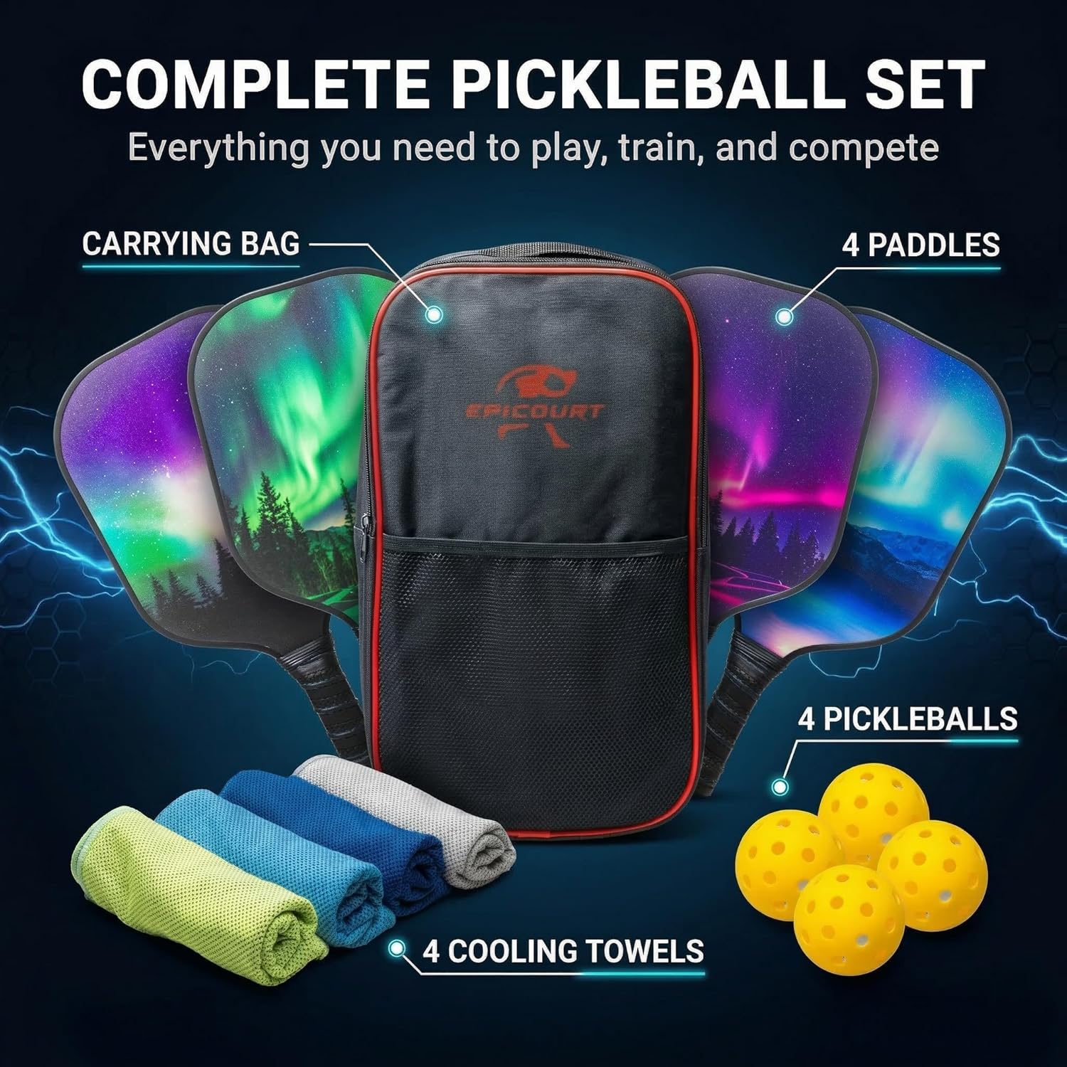 Pickleball Paddle Set - USAPA Approved Fiberglass Paddles | Lightweight Honeycomb Core | Includes 4 Balls, Carry Bag, and Cooling Towels | Ideal for All Players by EPICOURT