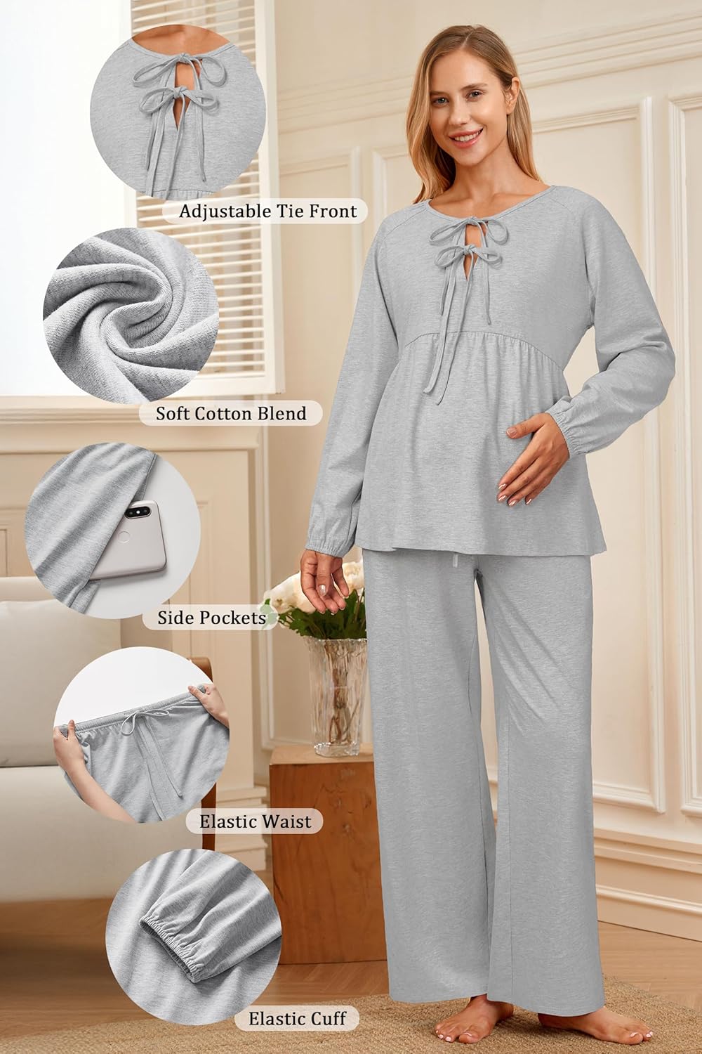 OUGES Womens Cotton Blend Maternity Pajama Sets Tie Front Loungewear Pregnancy Sleepwear Top & Long Pants with Pockets - Image 4