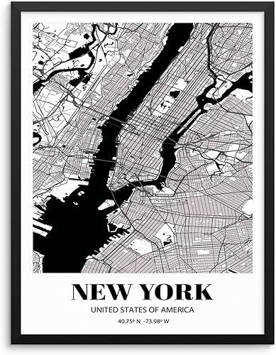 Póster de pared de mapa de cuadrícula de la ciudad de Nueva York, 11 x 14 pulgadas, sin marco, blanco y negro, decoración urbana moderna para el