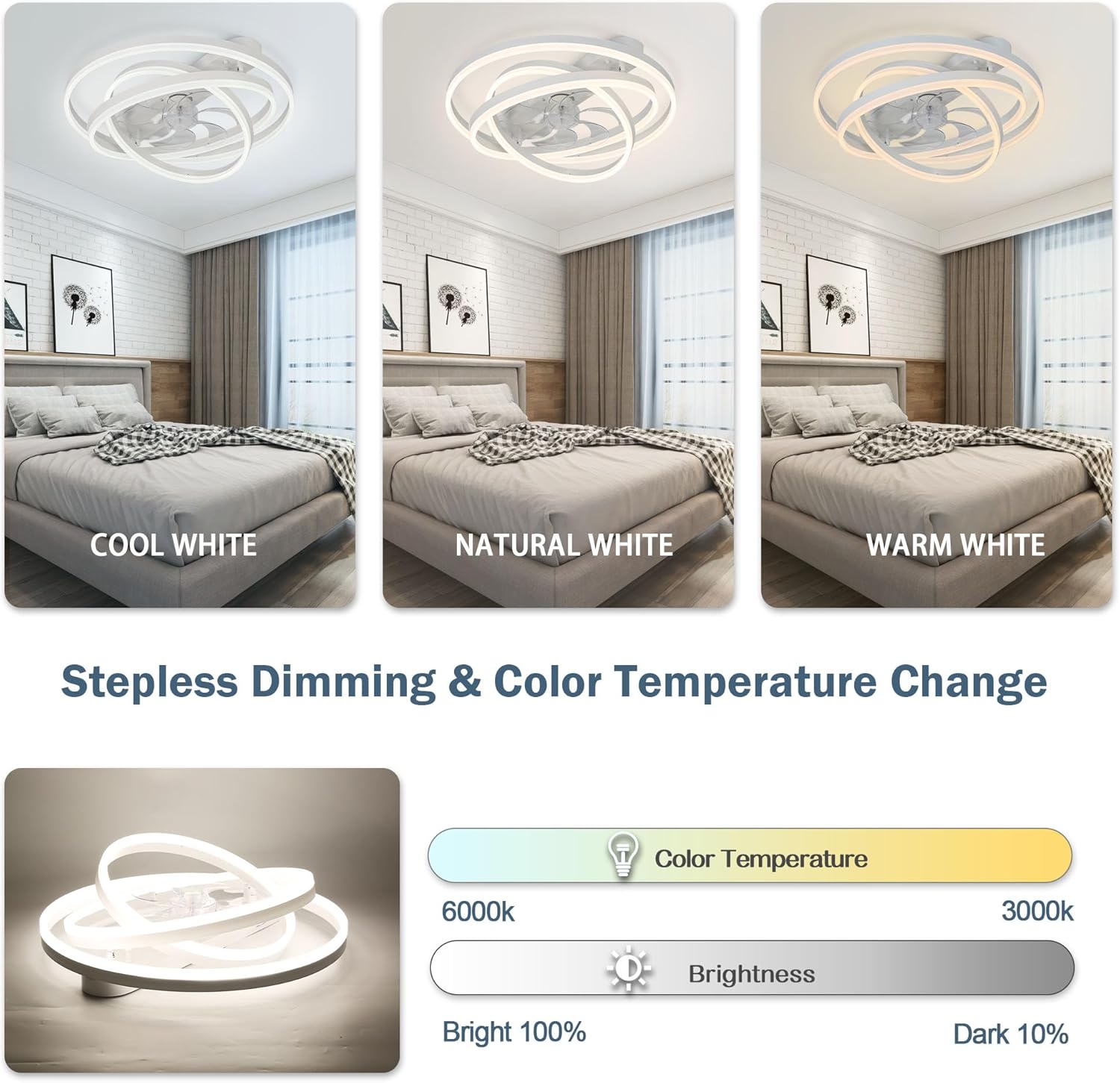 Three images showing different light color temperatures: cool white, natural white, warm white