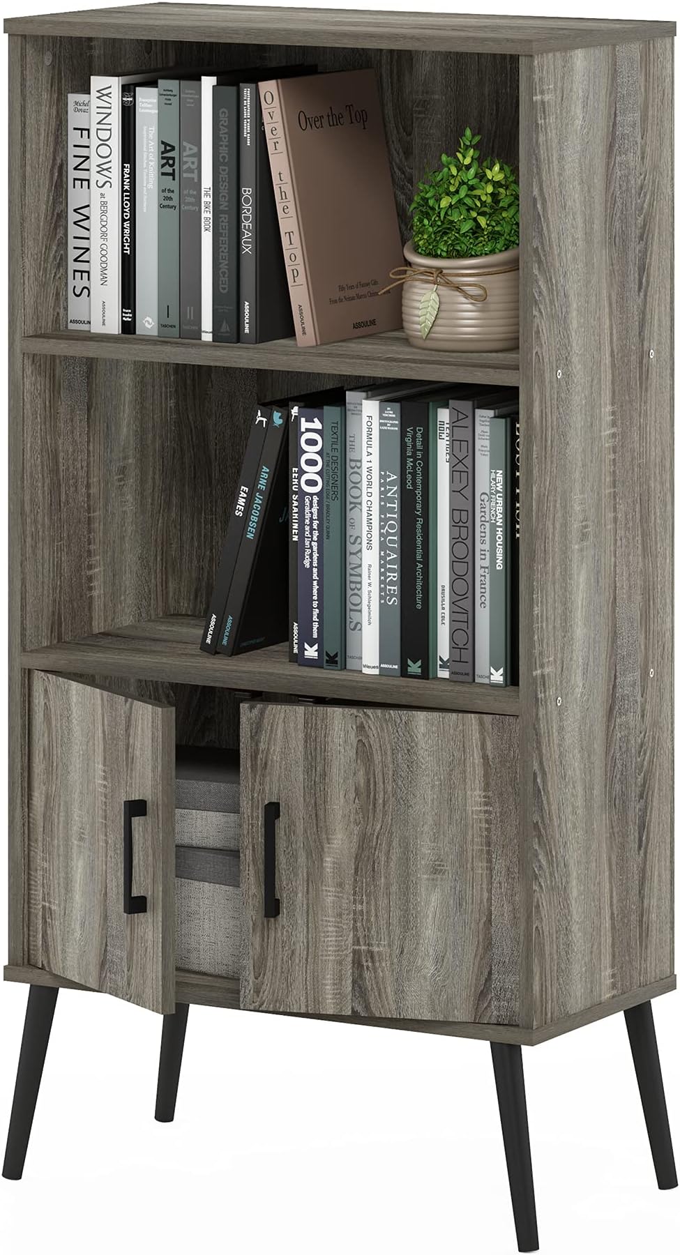 Claude Mid Century Style Accent Wooden Leg Bookcase Cabinet with Storage Organizer Shelves, French Oak Grey