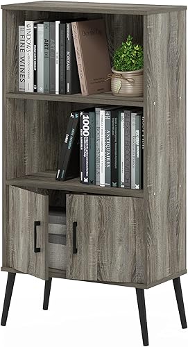 Furinno Claude Estantería de madera con patas de estilo de mediados de siglo, con estantes organizadores para almacenamiento, roble francés gris
