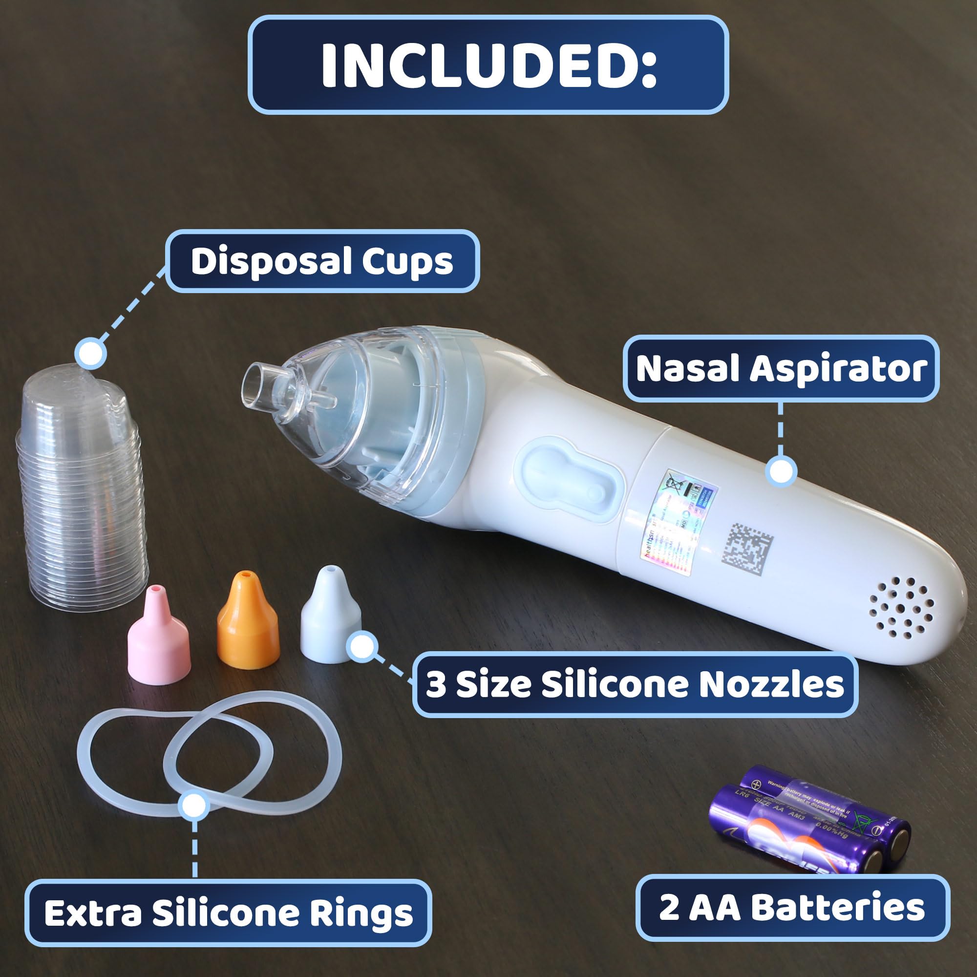 HealthSmart Aspirador nasal para bebé, 3 niveles de succión + 3 puntas de silicona, succión nasal ergonómica para bebé, aspirador nasal para bebé pequeño, succión nasal eléctrica para bebé, rimas