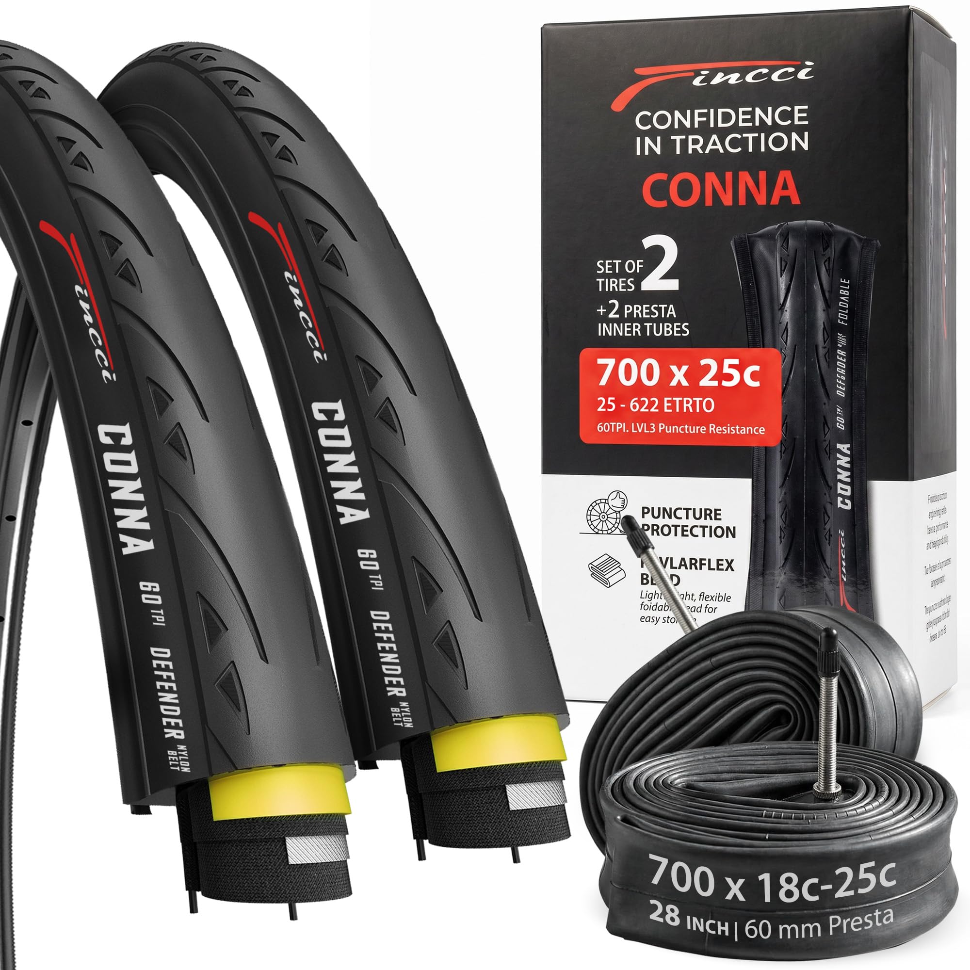 Fincci Cubiertas Bicicleta Carretera 700x25 - Plegable Gomas 28 y 1mm Antipinchazos con 2X Cámaras 25-622 de Aire Presta 60TPI - Neumaticos para Electro Ciclo Carrera Sport Bici - Paqute 2
