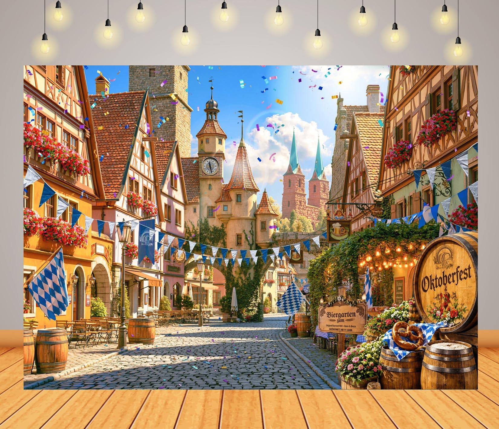 BELECO 4.6x2.5m Sfondo tessuto Oktoberfest decorazioni festa birra bavarese banner stampato con borgo antico bavarese arredo interno accessori pratici per shooting fotografici domestici