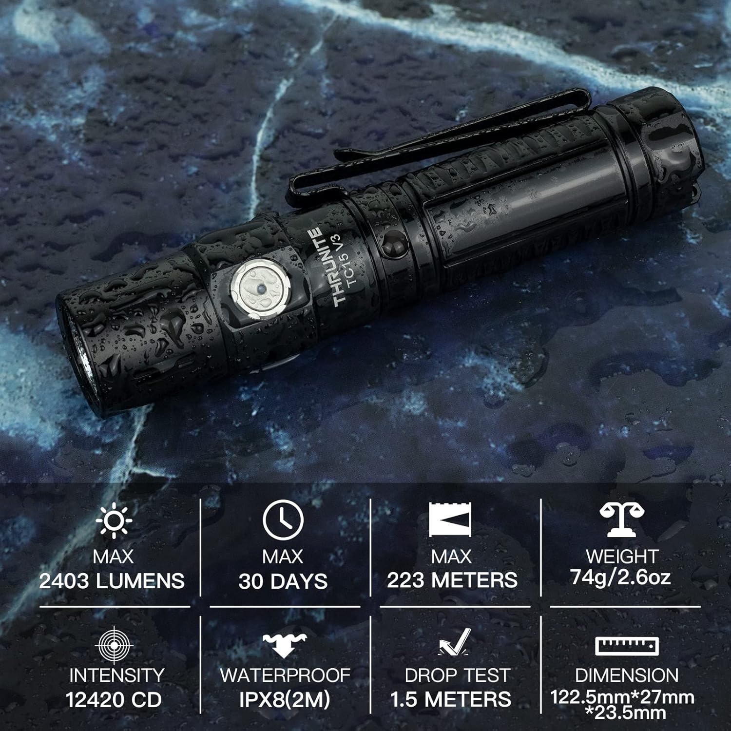 ThruNite TC15 V3 flashlight on a wet surface, highlighting its waterproof and durable design, with key specifications like 2403 lumens, 30 days max runtime, 223 meters throw, 74g weight, 12420 CD intensity, IPX8(2M) waterproof, 1.5 meters drop test, and dimensions.