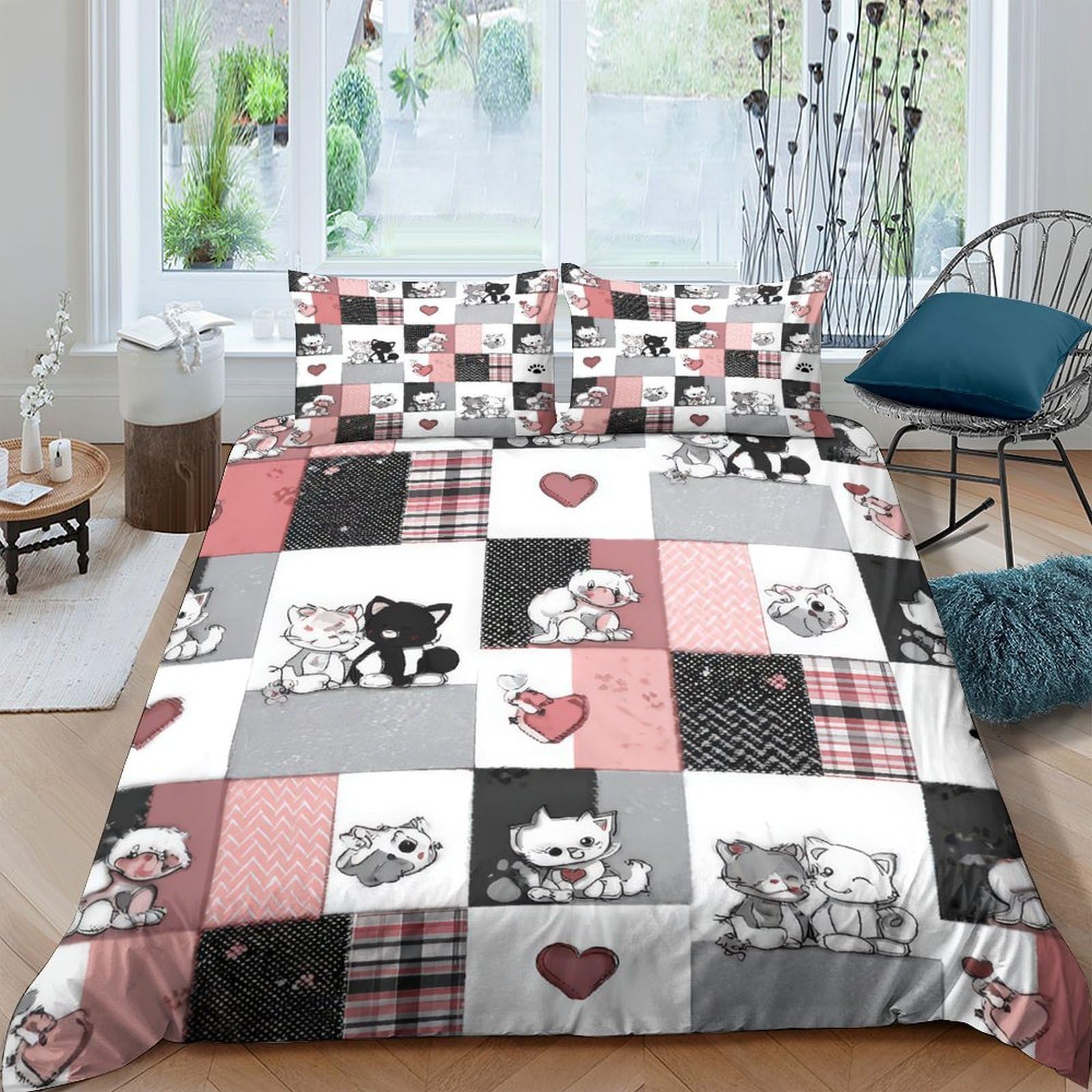 Ctjqhvkz Style-3 3D Printed Cute Cat Patchwork Fitted Sheet Microfiber Soft Pink Grey Heart Bed Cover Bedroom Home Dorm Mattress Protection Single（135X200cm）