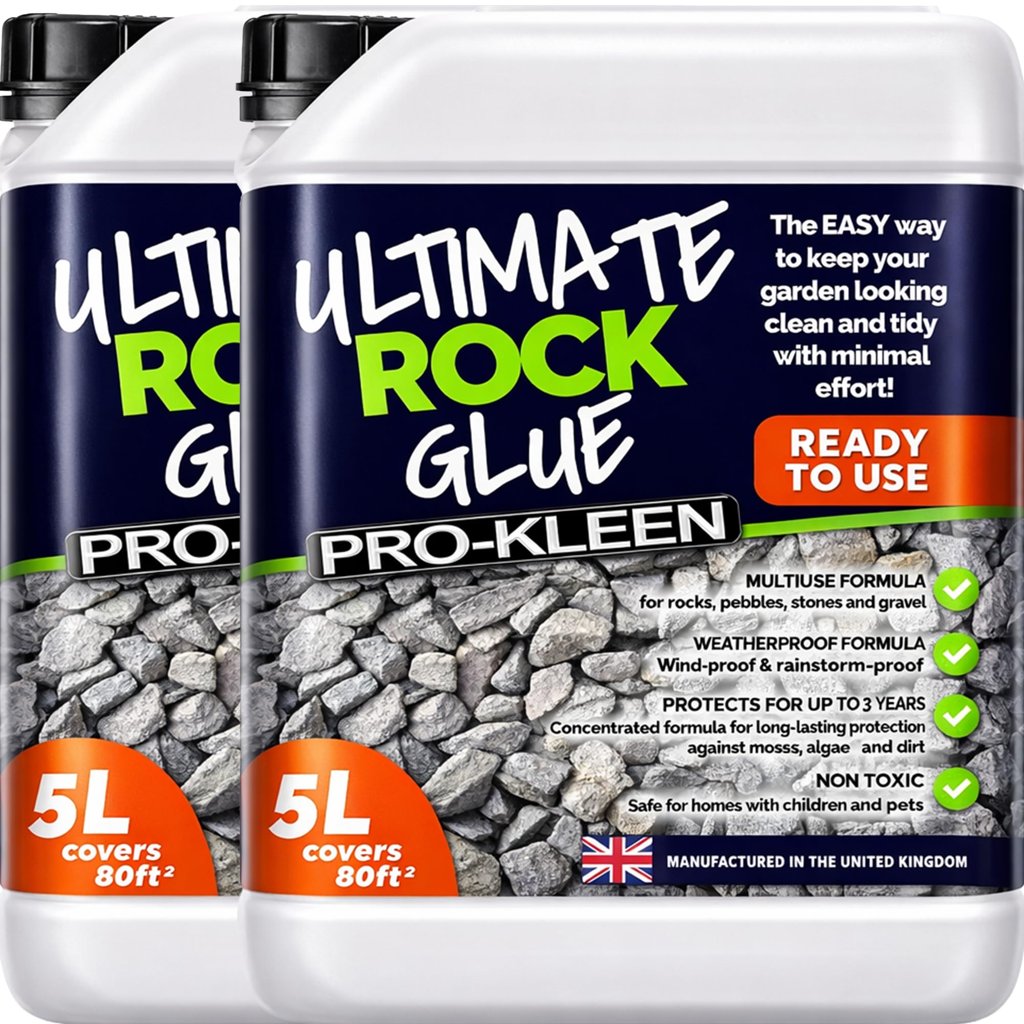 Pro-Kleen Ultimate Rock Glue 2 x 5L (Covers 160 ft2) - Rock Glue Binder Fixing Spray - For Gravel, Stones, Slate & Mulch - Protects for up to 3 Years - Non Toxic, Weather Resistant & Porous Formula