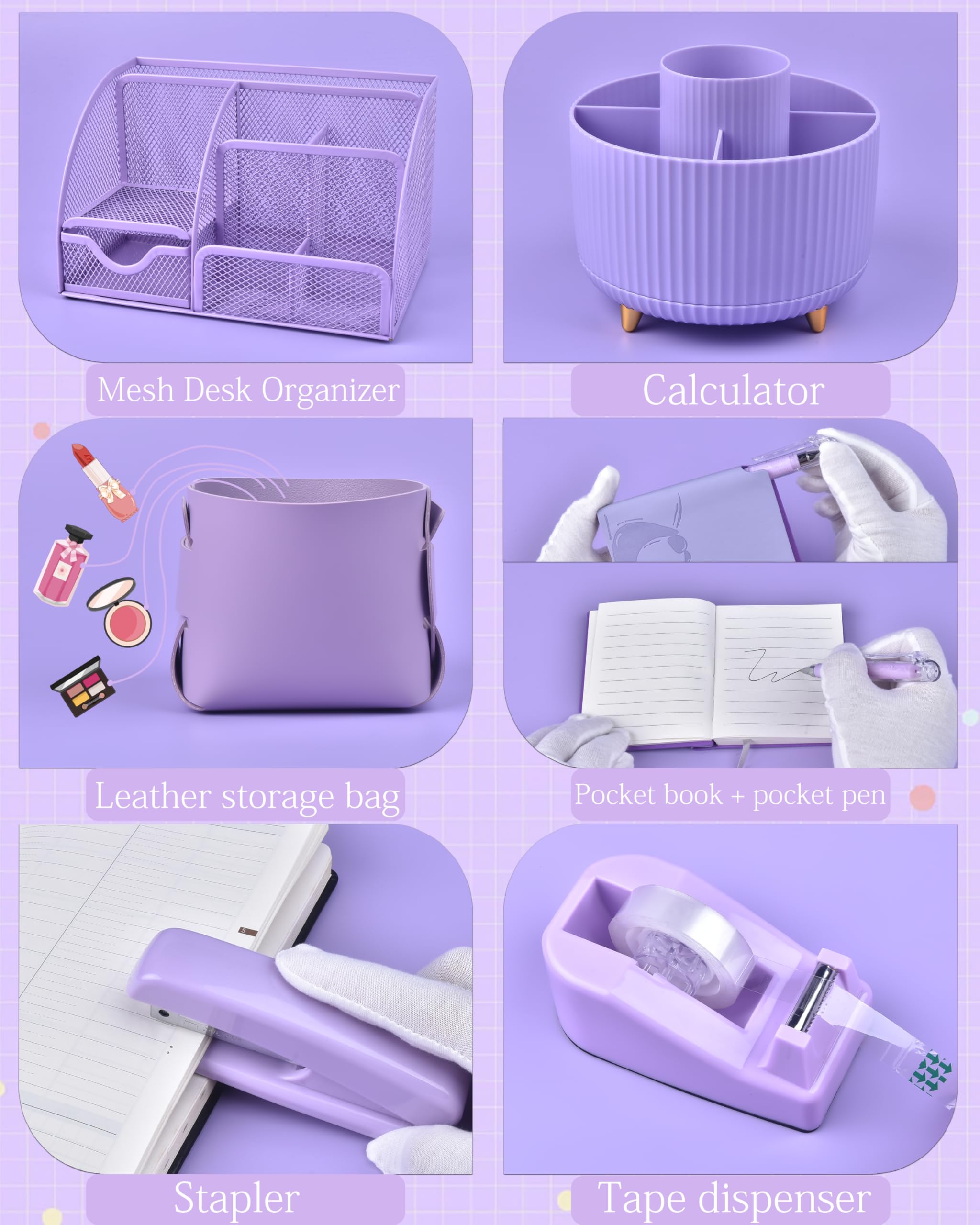 Accessori da scrivania viola e organizer con organizer da scrivania e portapenne girevole a 360° e un sacco di forniture per ufficio viola splendidamente presentato in una confezione regalo