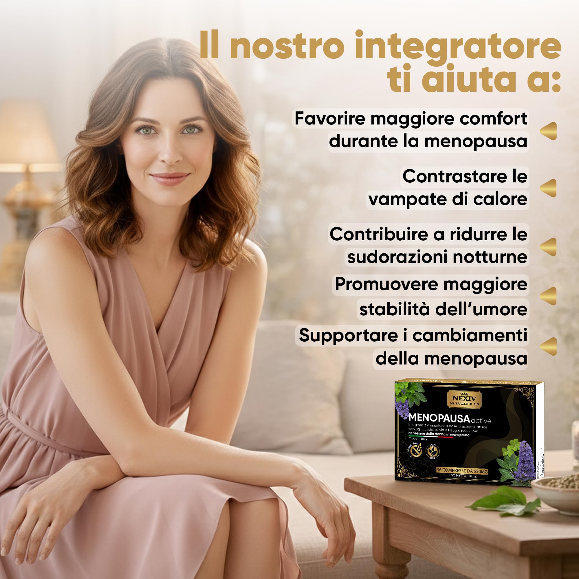 Integratore Menopausa per il Benessere Femminile con Agnocasto, Trifoglio Rosso e Salvia, Gluten Free | 36 Compresse | Estratti Vegetali