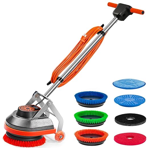 Commercial Floor Scrubber Machine with Brushes and Pads, Heavy Duty Floor Cleaner Buffer and Polisher- Deep Cleaning Tile and Grout, Hardwood Floors and Carpets Without Getting on Hands and Knees