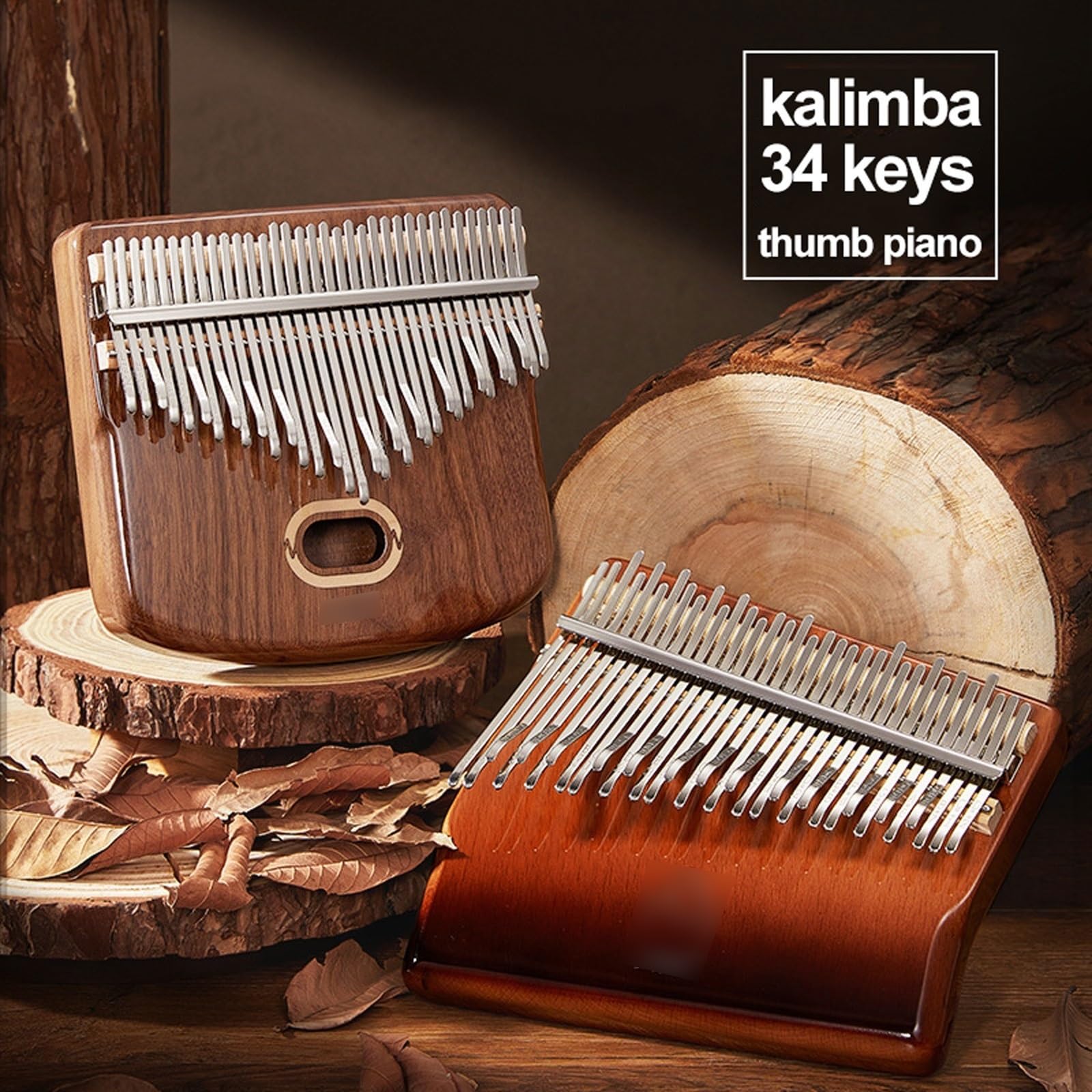 Kalimba Instrument 34 Tasten Holz Tragbar Komfortabler Griff, Daumenklavier Anfänger Musikliebhaber Fingerklavier Mit Noten Stimmungshämmer, Musikführer(Brown B)