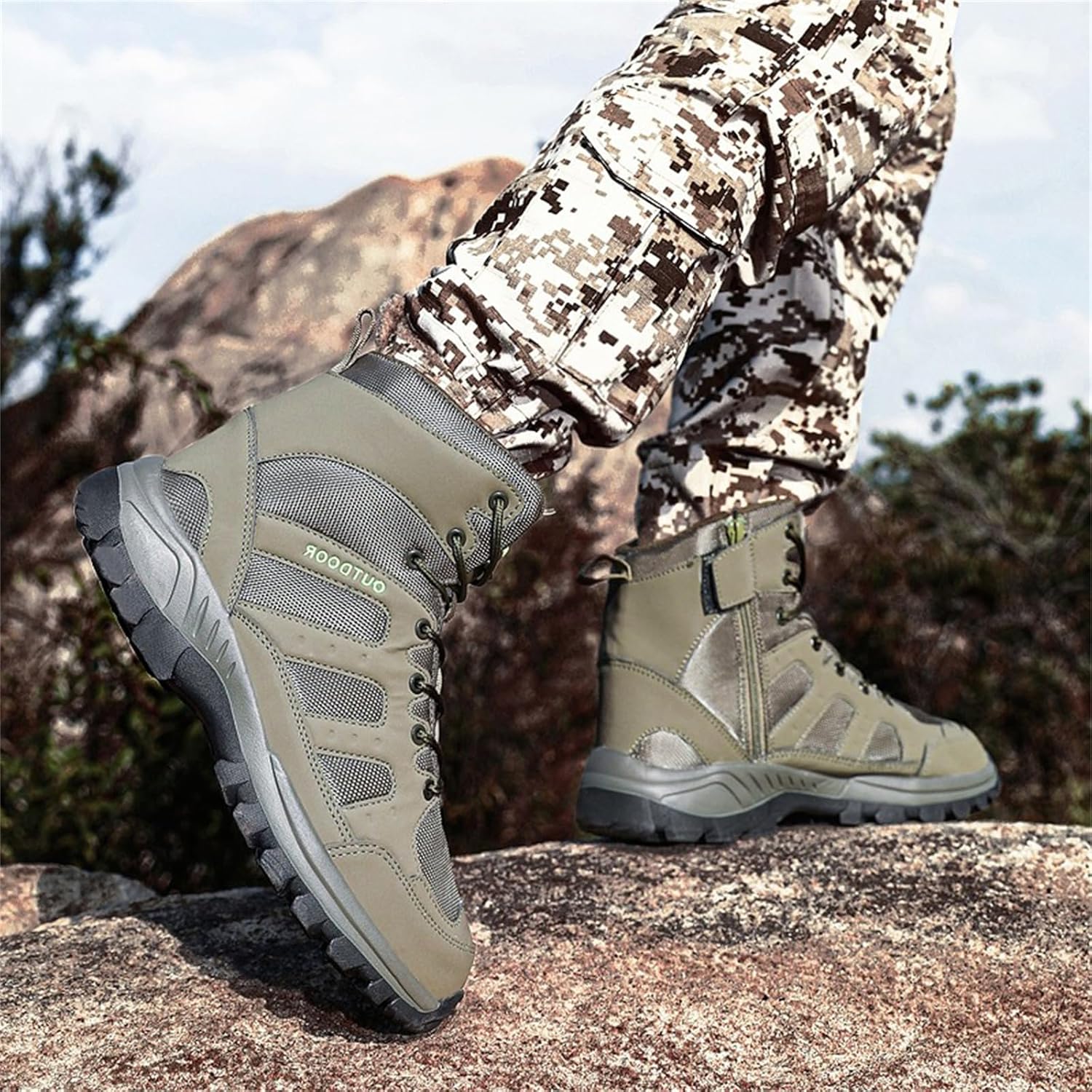 Men's High Top Lace-Up Military Tactical Boots Leather Breathable Mesh Panels Protective Reinforced Toe Sturdy Non-Slip Outsole Designed For Hiking Trekking Outdoor Adventures Backpacking