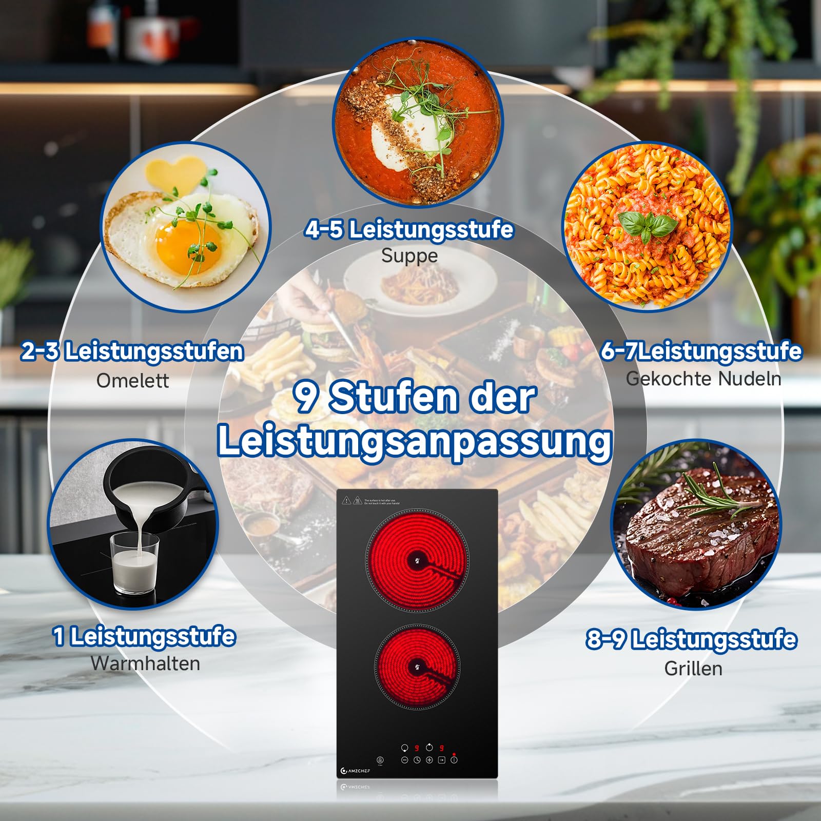 AMZCHEF Glaskeramikkochfeld 2 Platten, 3200W Kochfeld 2 Platten mit 9 Leistungsstufen, 2-in-1 Freistehend-/Einbau-Design, Touch-Steuerung, Mattierte Glasoberfläche, Kompatibel mit Allen Kochgeschirren - 5