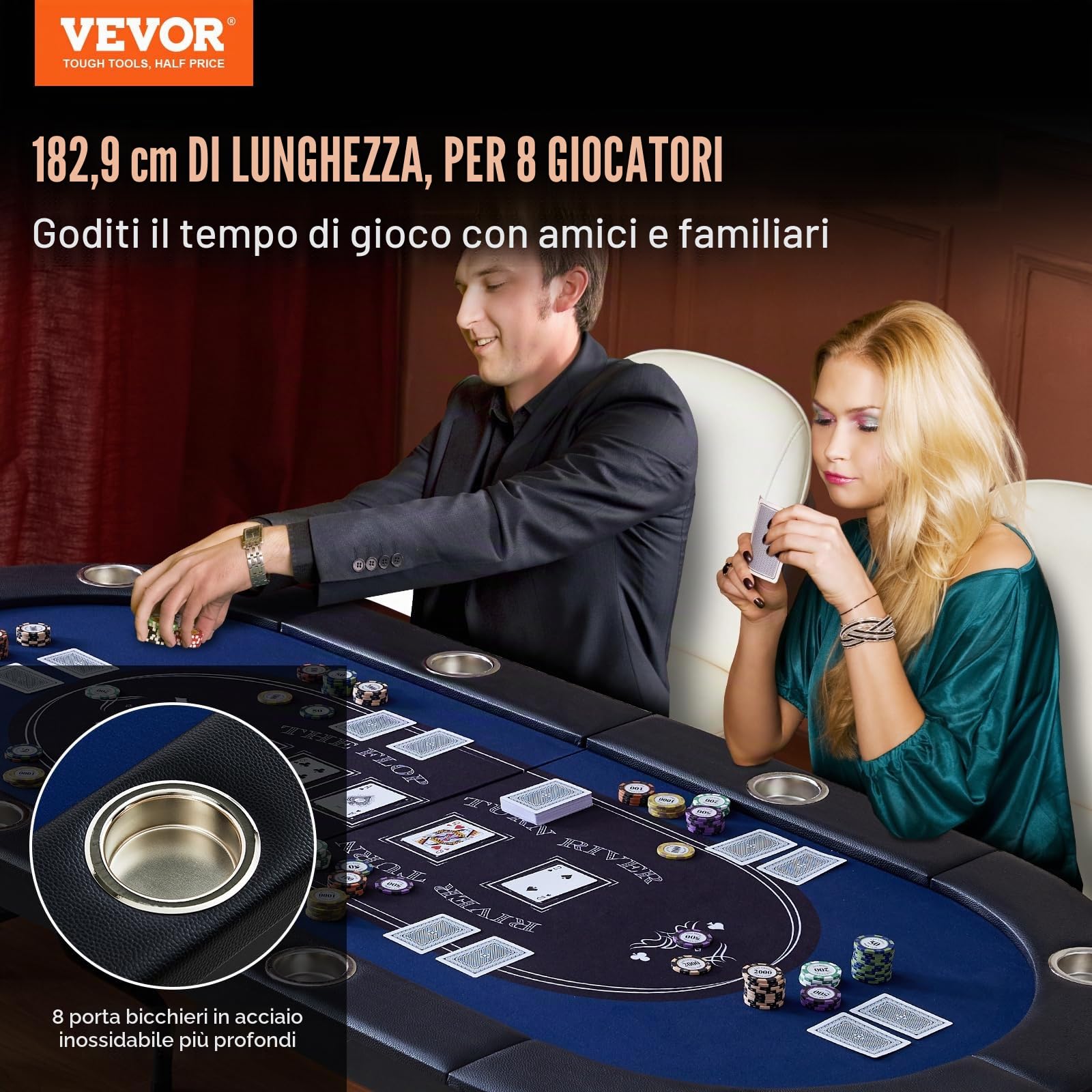 VEVOR Tavolo da Poker Pieghevole, 1830 x 820 x 720 mm, Nero e Blu, per 8 Giocatori, Copertura Antipolvere