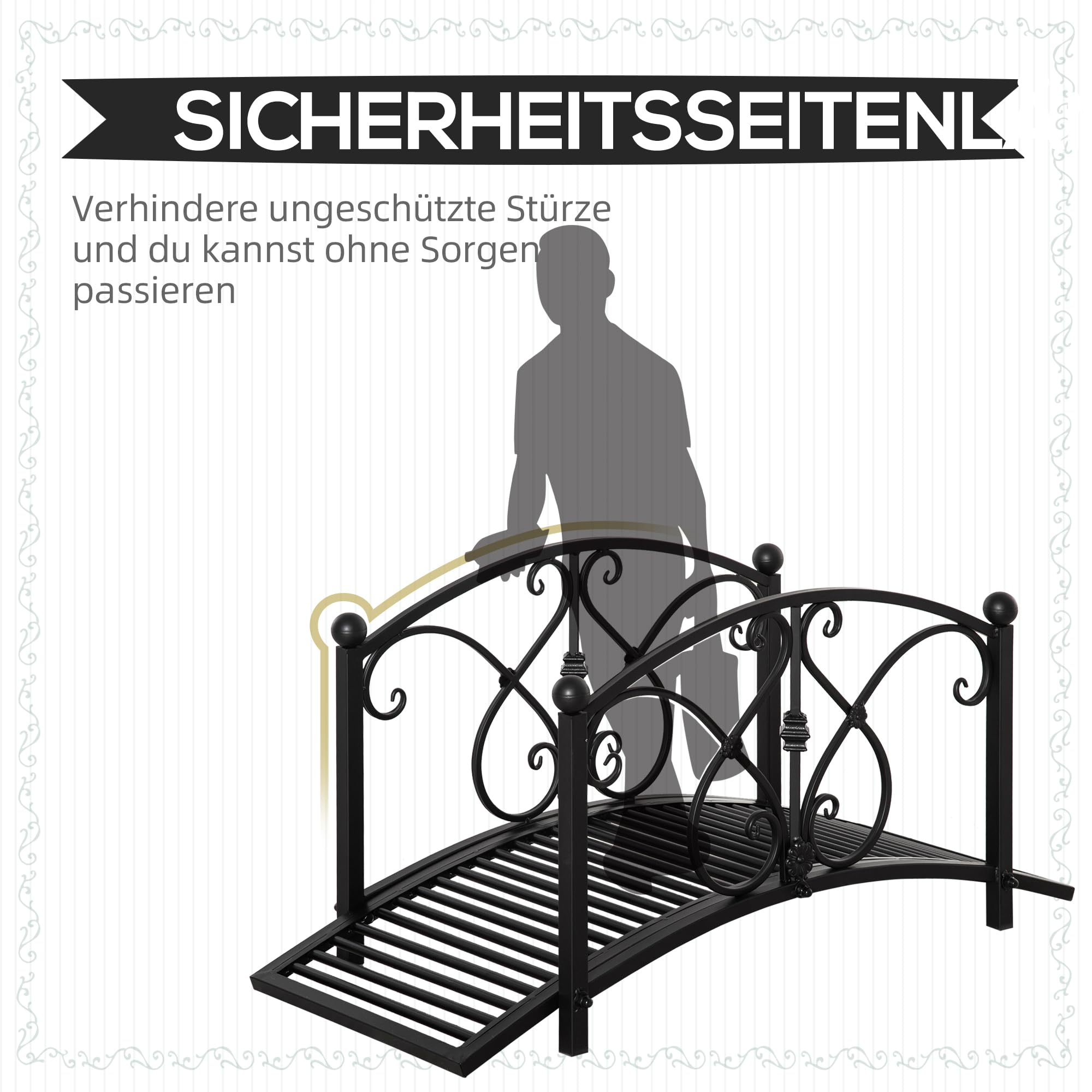 Outsunny Gartenbrücke, Teichbrücke mit Sicherheitsgeländer, Zierbrücke bis 100 kg belastbar, Dekobrücke, Brücke für Garten Park Hinterhof 102 x 48 x 49 cm Schwarz