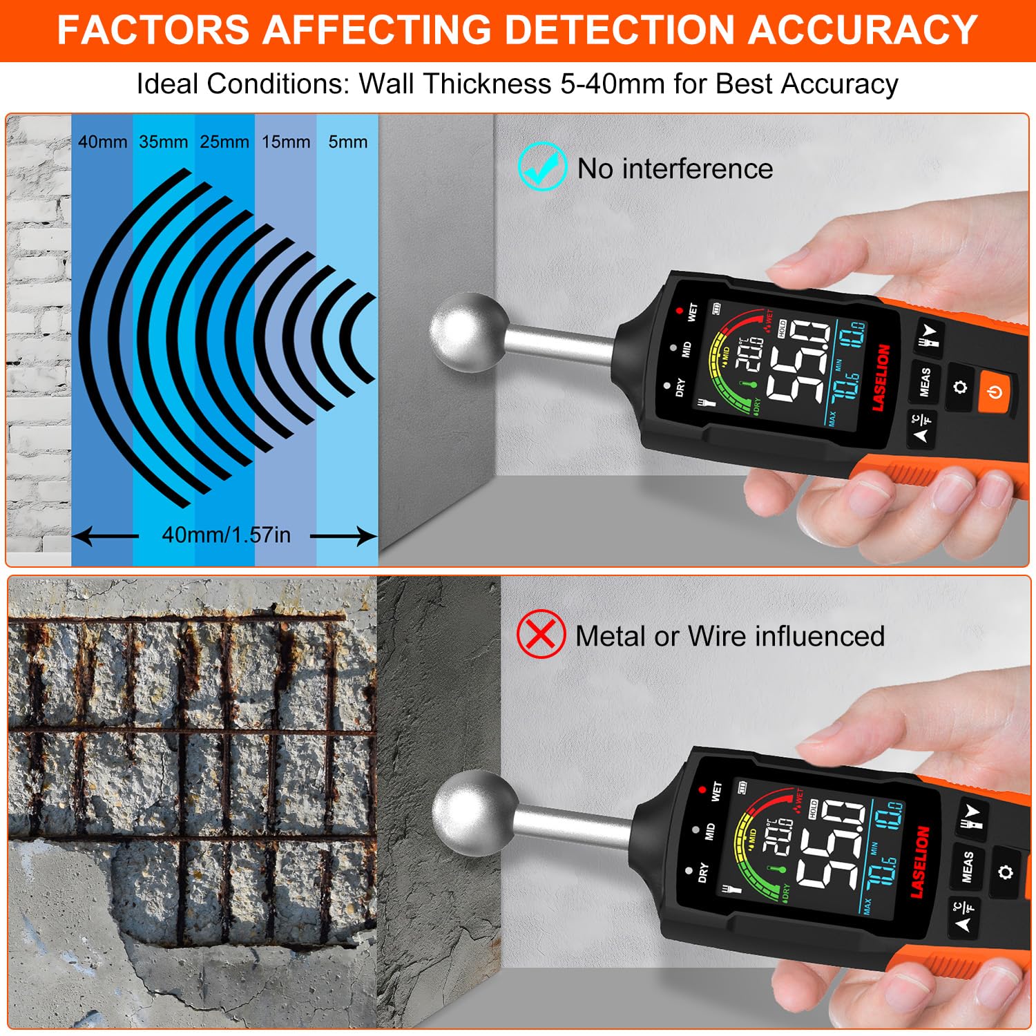 LASELION MS04 Pinless Moisture Meter with Ball Probe for Non-Destructive Area Scans Ideal for Wood Walls and Construction Materials Customizable Humidity Alarms Built-in Flashlight — Amazon image 7