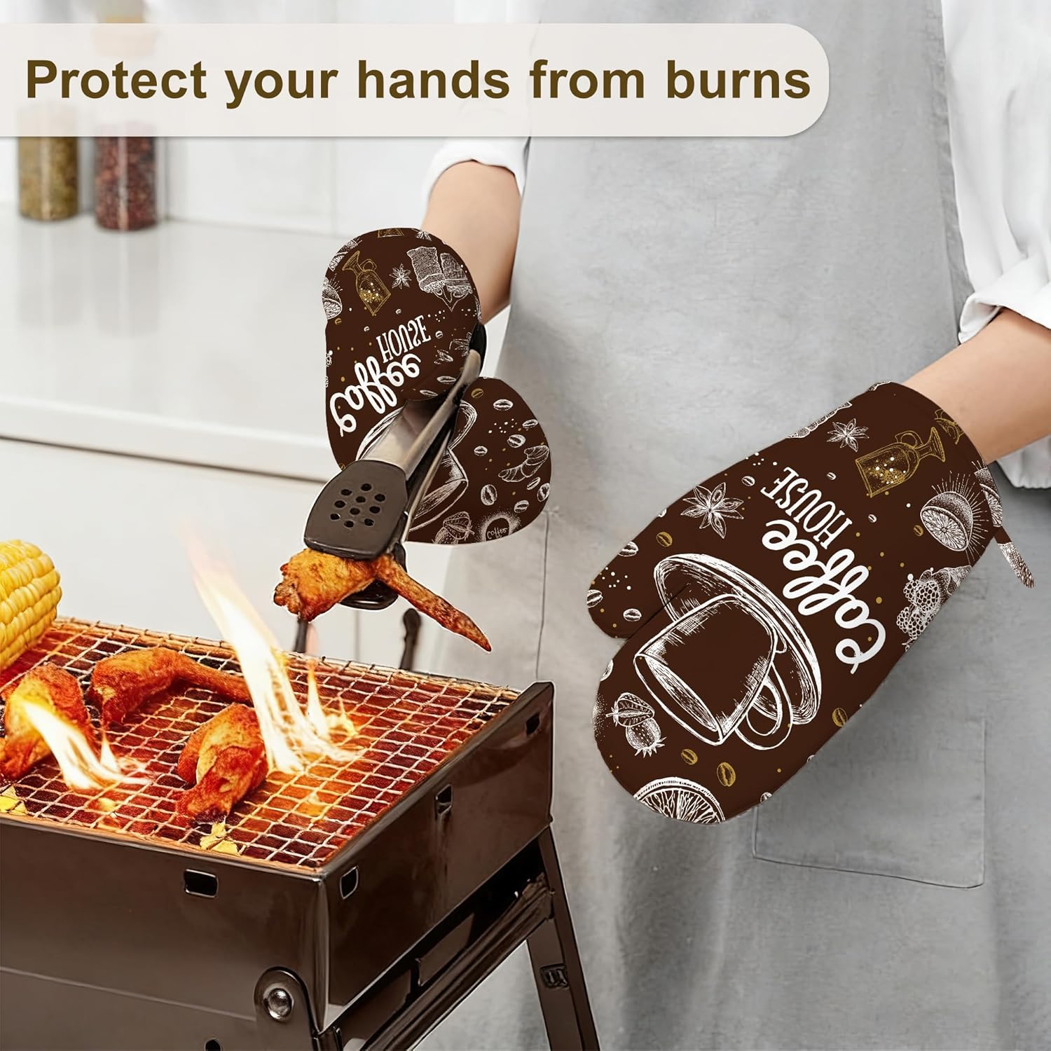 Coffee House Oven Mitts and Pot Holders Sets,Silicone Kitchen Mitts Potholders Heat Resistant 4Pcs Oven Gloves Hot Pads for Kitchen Baking Cooking - Image 6