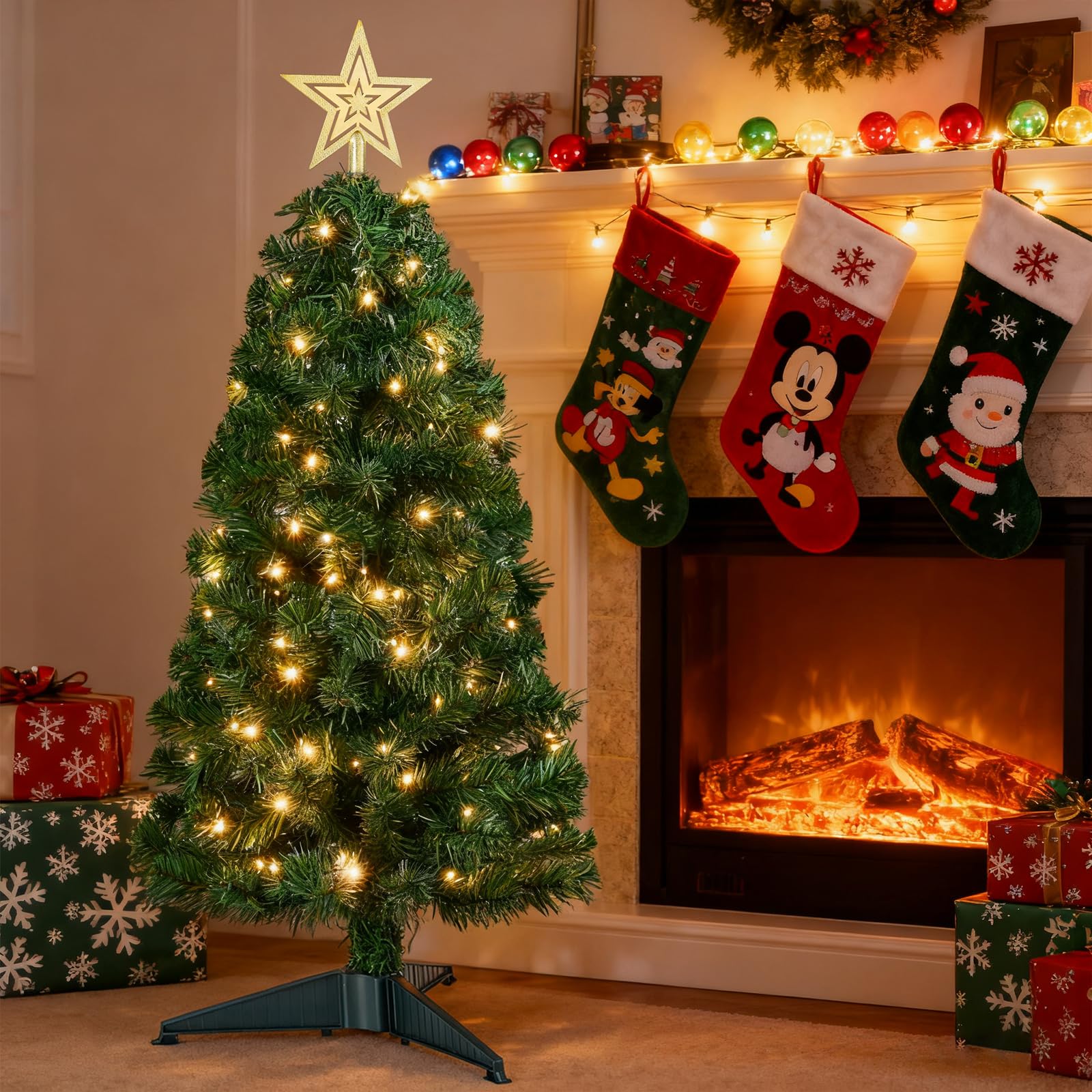 ELYKEN Mini sapin de Noël artificiel de 0,9 m avec lumières LED, décoration de Noël pour table, chambre à coucher, intérieur, extérieur, vert