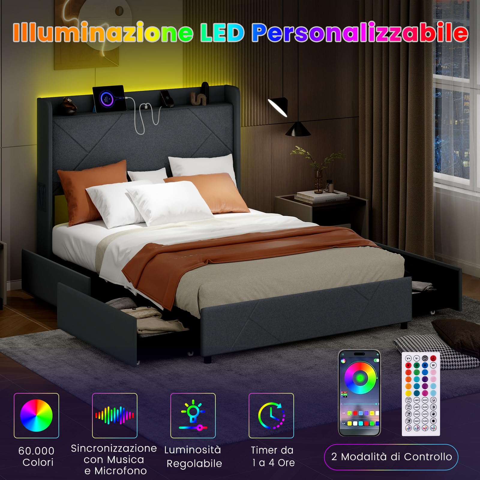 COSTWAY Letto Matrimoniale 140 x 200 cm, Letto Imbottito con Testiera, Luci LED, Stazione di Ricarica, 2 Tasche e 4 Cassetti, Carico 500kg, Silenzioso