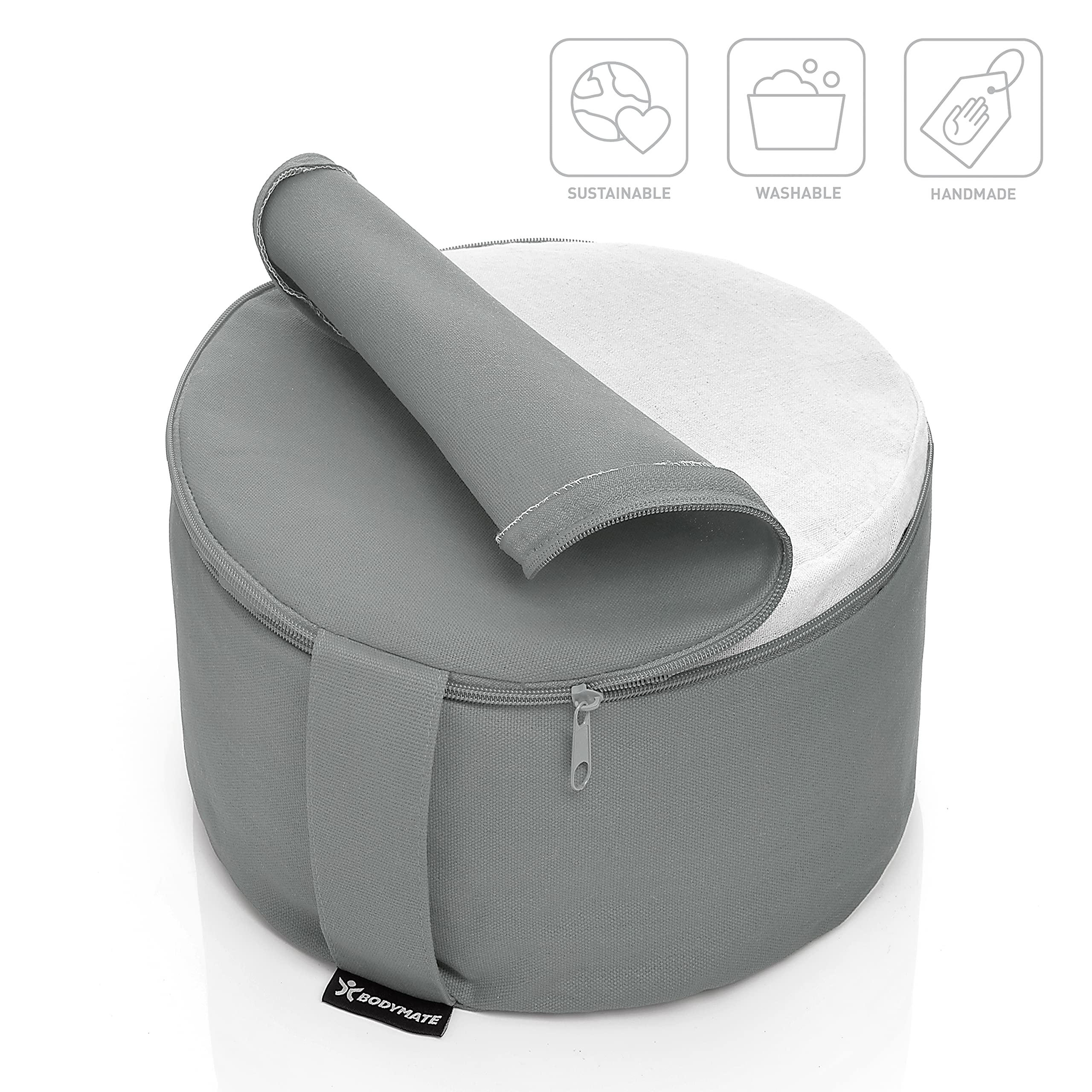 BODYMATE Cojín de yoga redondo de 31 cm de diámetro, 16 cm de alto, con relleno de piel de trigo sarraceno, funda lavable a máquina, 100% algodón extragrueso, cojín de meditación, cojín de asiento