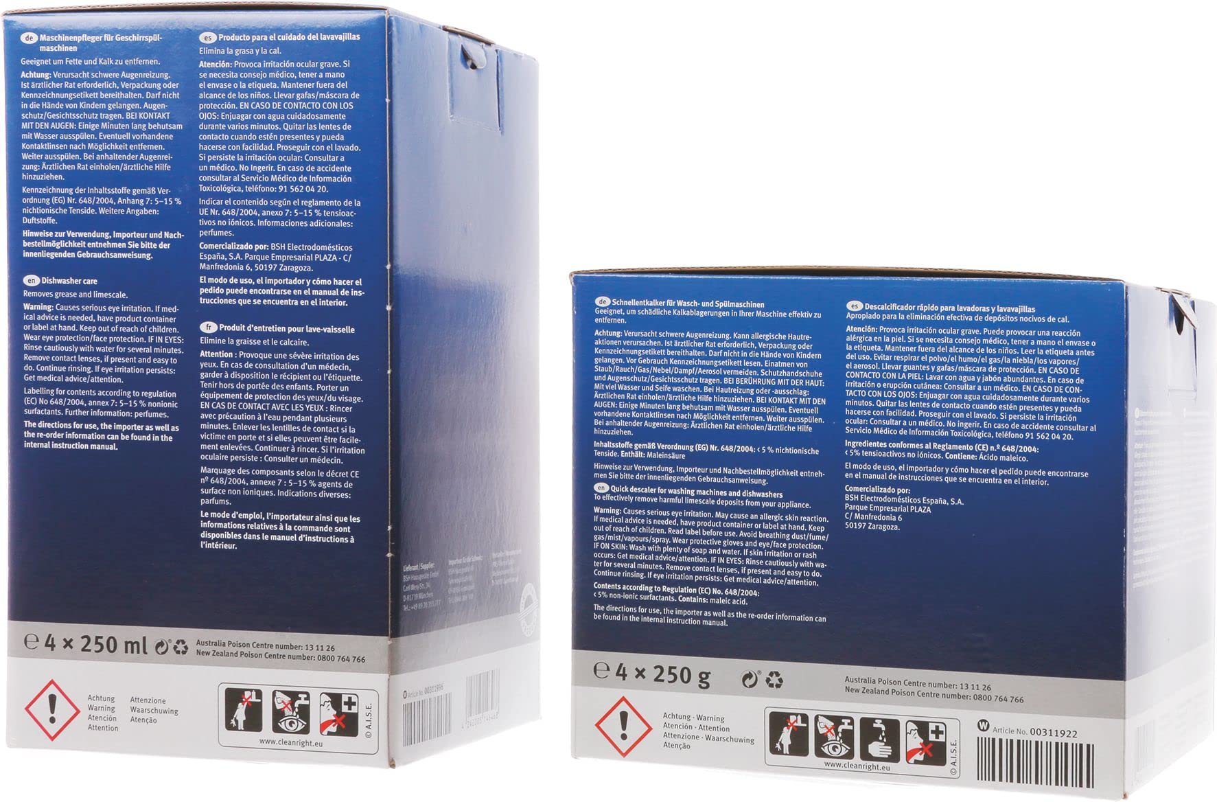 Reinigungsset 4 x 250ml Entfetter Spülmaschine + 4 x 250g Entkalker Waschmaschine / Spülmaschine Kompatibel für Bosch Siemens Neff Gaggenau 00312268