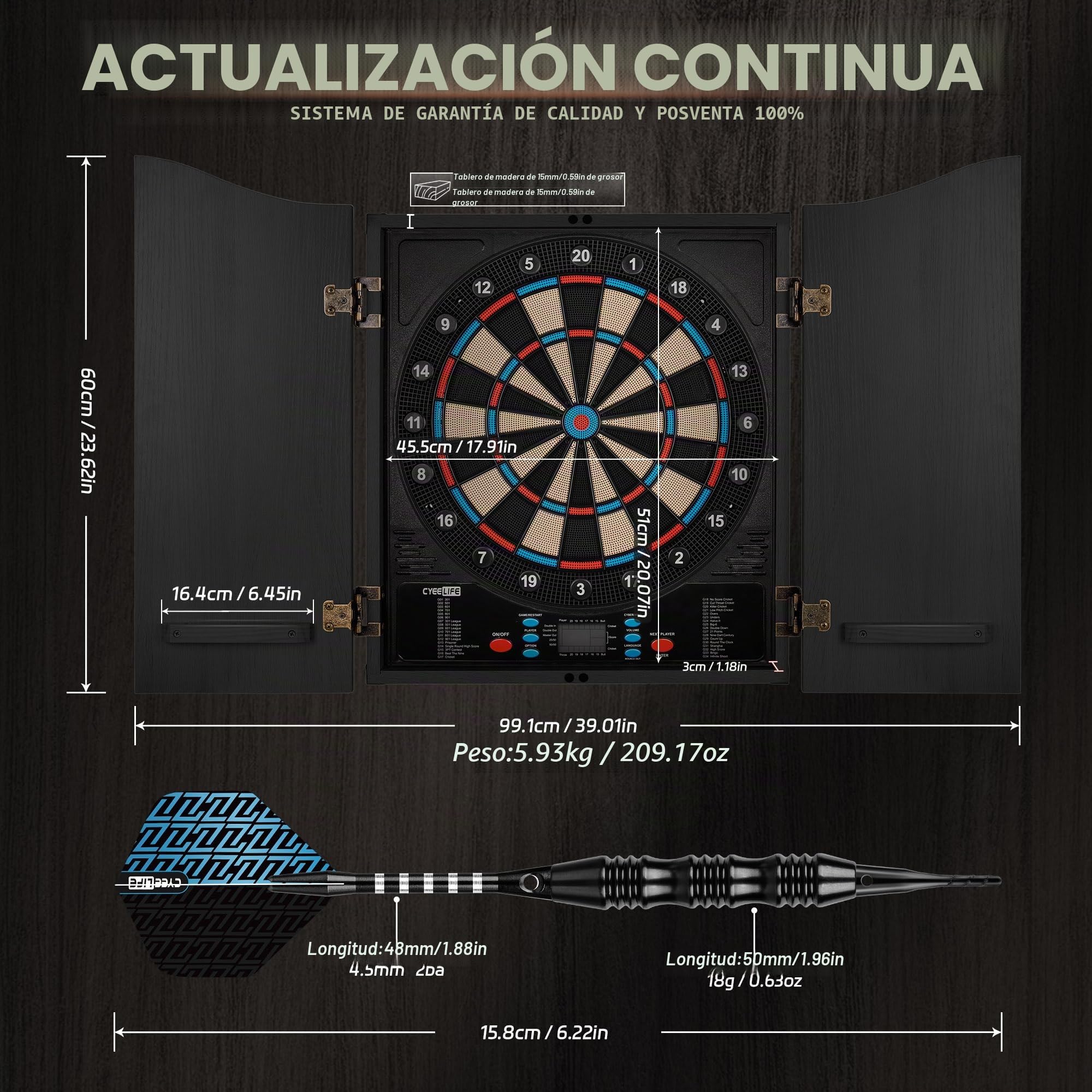 CyeeLife Diana electrónica de Dardos con gabinete de Madera, máquina de Dardos electrónica, Diana con 34 Juegos y 355 Variantes, Modo para 8 Jugadores, Pantalla LED