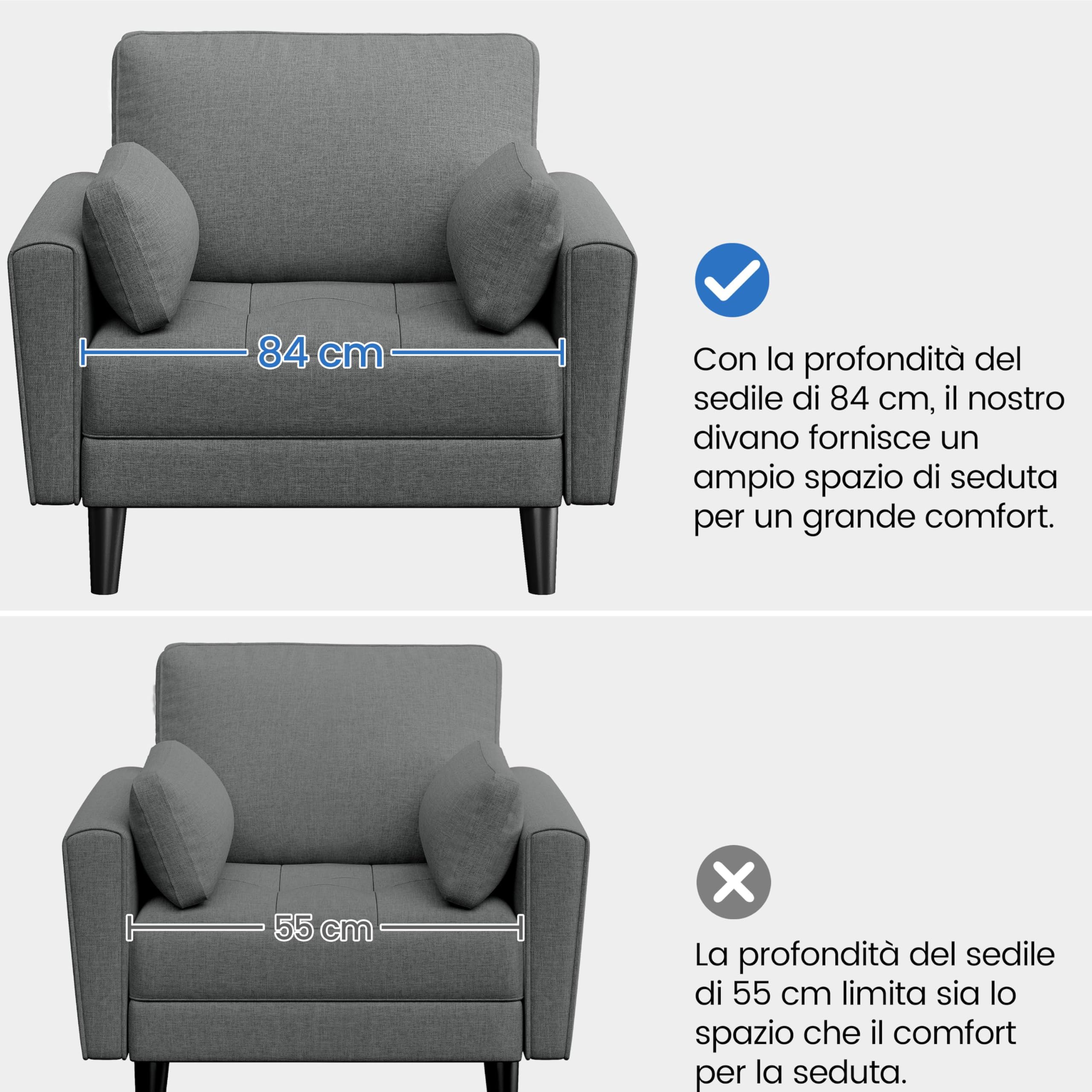 Yaheetech Divano Singolo da Salotto Divanetto Moderno con Cuscini Schienale Divano a 1 Posto in Tessuto Poltrona da Soggoirno con Braccioli 102,5 × 75 × 85,5 cm Grigio Scuro/Tela