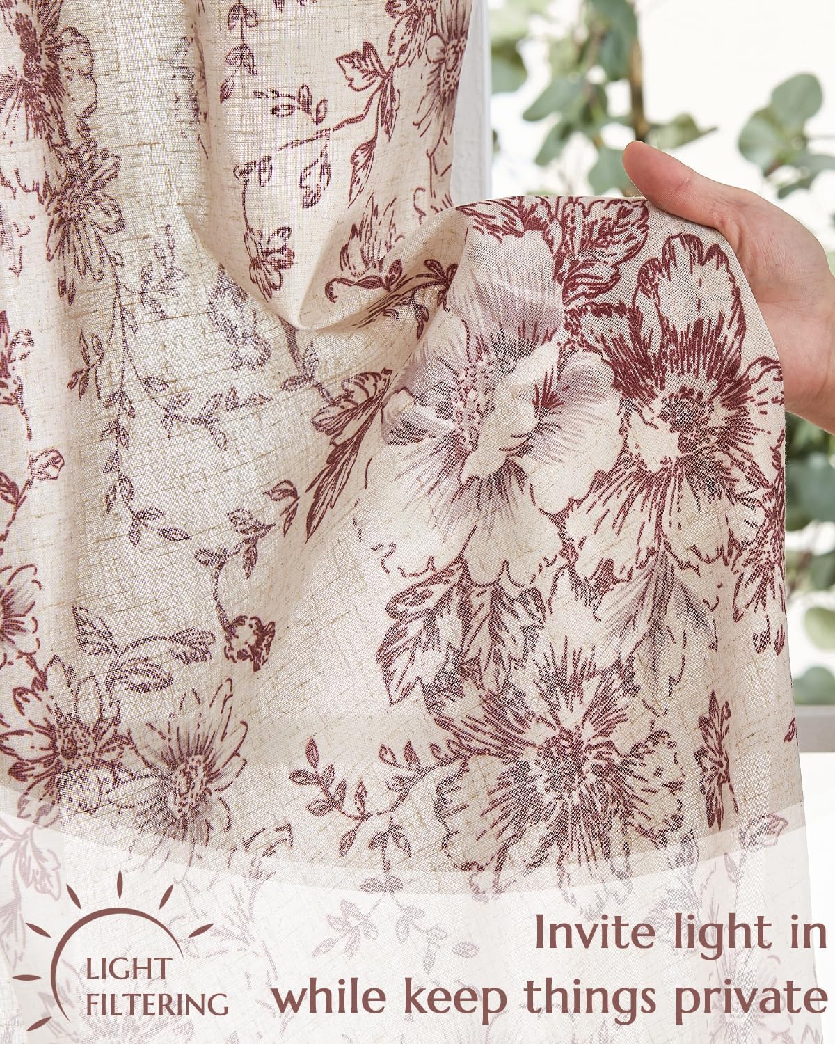 jinchan Floral Linen Tier Curtains 24 Inch Farmhouse Cafe Curtains Tie Top Botanic Drapes for Small Windows Over Sink for Kitchen Laundry Room Bathroom RV 2 Panels Red on Beige
