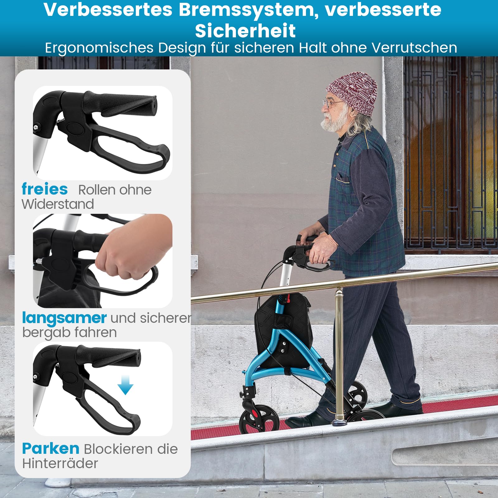 COSTWAY Wózek inwalidzki wąski do wnętrz, trójkołowy, składany, lekki, pomoc w chodzeniu, 6-stopniowa regulacja wysokości, stojak do chodzenia z torbą i hamulcem, aluminiowa rama, składany, dla osób