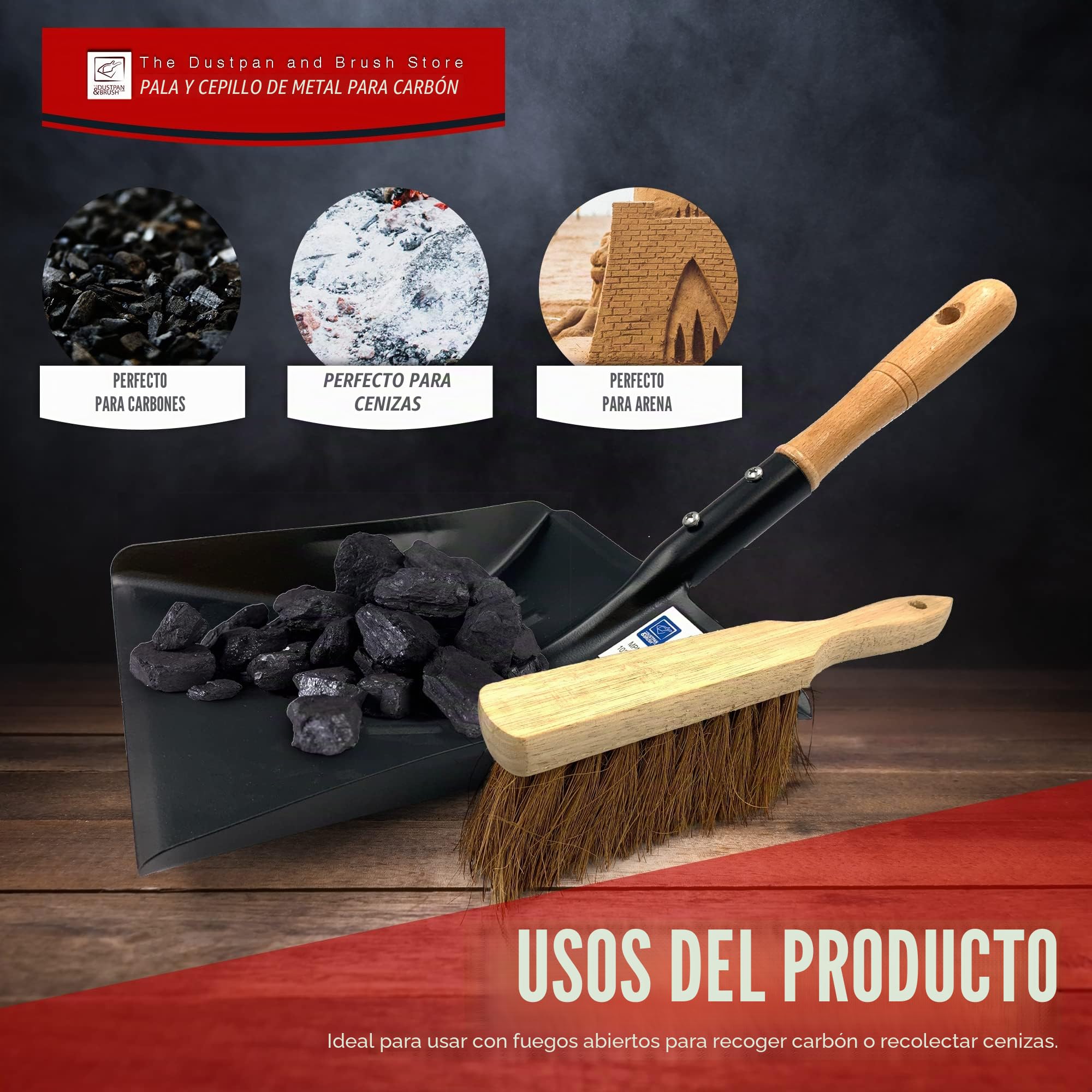 Juego de pala y cepillo de carbón de metal fuerte, pala de 9 pulgadas con cepillo suave, recogedor grande de jardín para carbón y cenizas