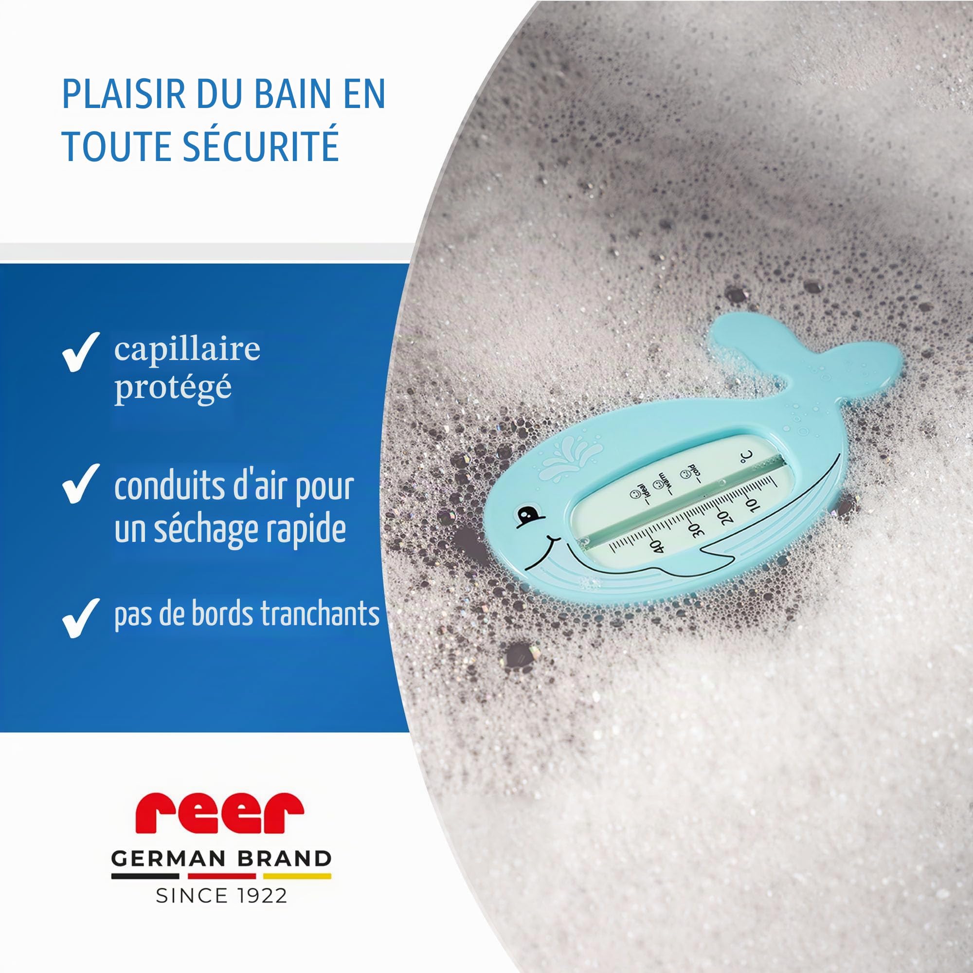 reer MyHappyBath Thermomètre de bain pour bébé en forme de baleine - Design mignon - Thermomètre de bain sans danger pour les enfants - Température de bain optimale pour la baignoire - Sans mercure -