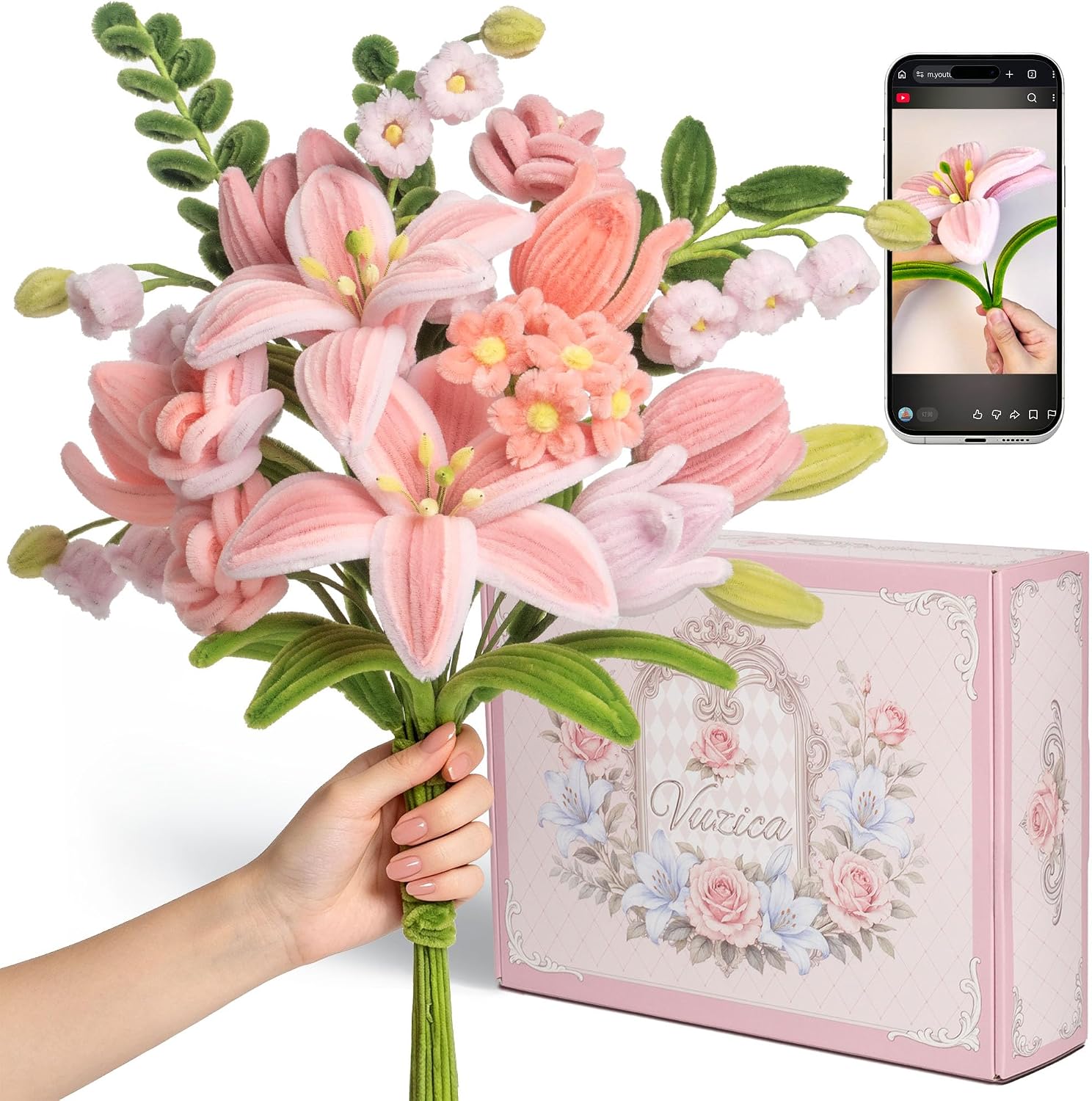 Vuzica 741Pcs Pipe Cleaner Flower Kit, 8mm Pink Pipe Cleaners Bulk