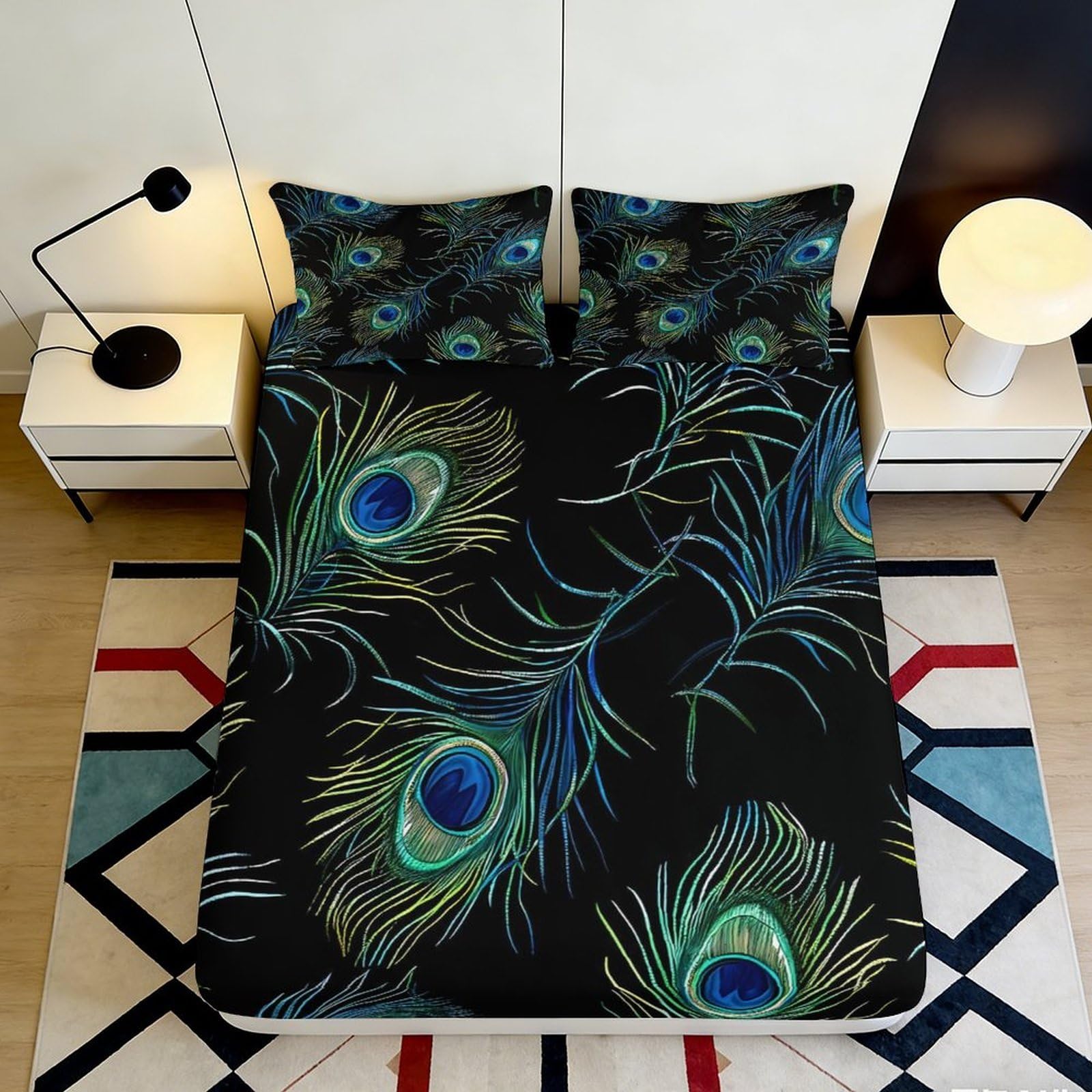 3D Printed Peacock Feather Fitted Sheet Microfiber Soft Black Bed Cover for Bedroom Guest Room Decor 90x200x25cm