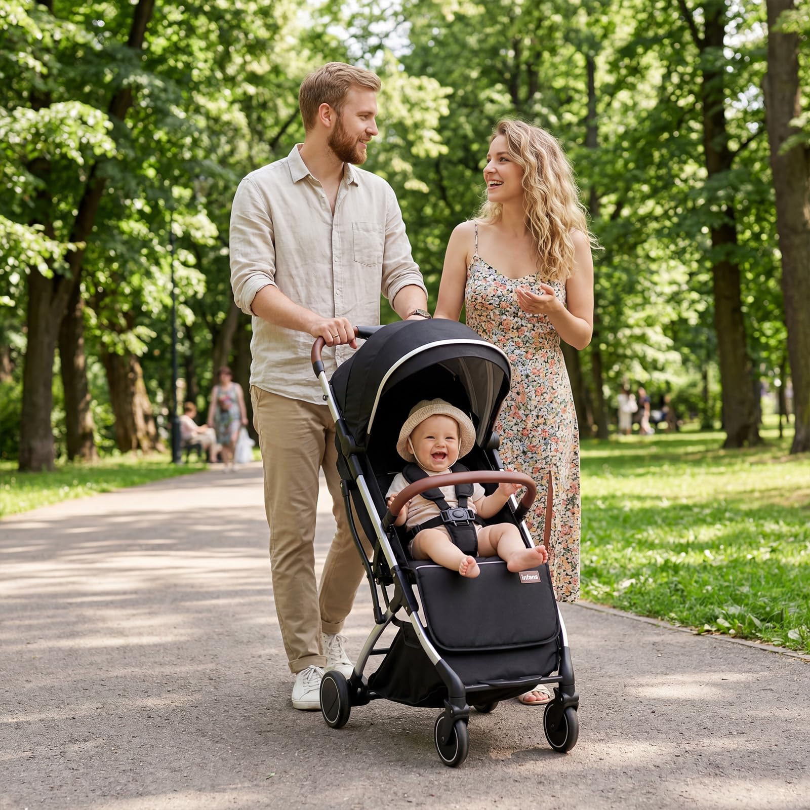 INFANS Travel Stroller, Lightweight Compact Baby Stroller for Airplane with One-Hand Fold, Multi-Position Recline, Canopy, 4 Wheel Suspension, Storage Basket (Black+Silver) - 2