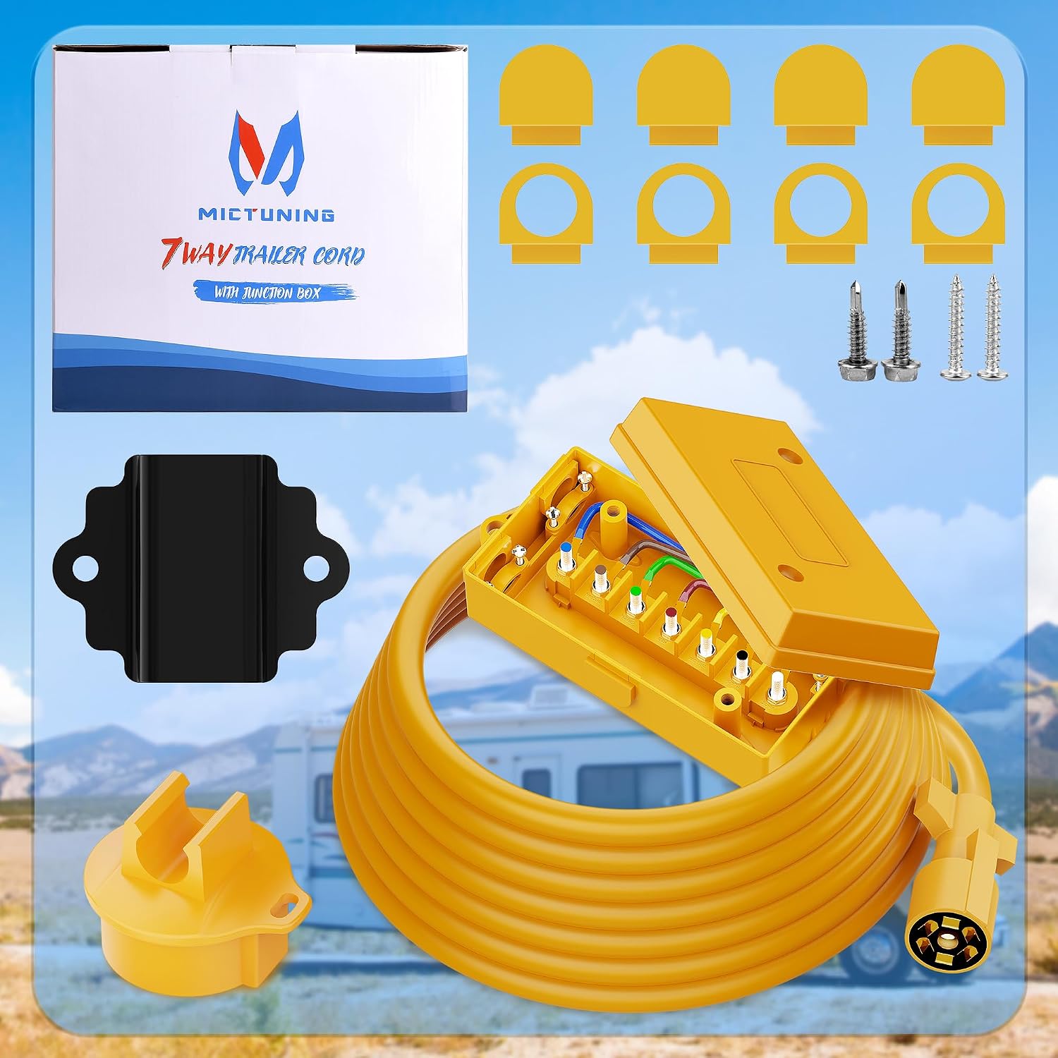MICTUNING Heavy Duty 7 Way Plug Inline Trailer Cord with 7 Gang Junction Box for RV Trailers 8 Feet Weatherproof, Yellow