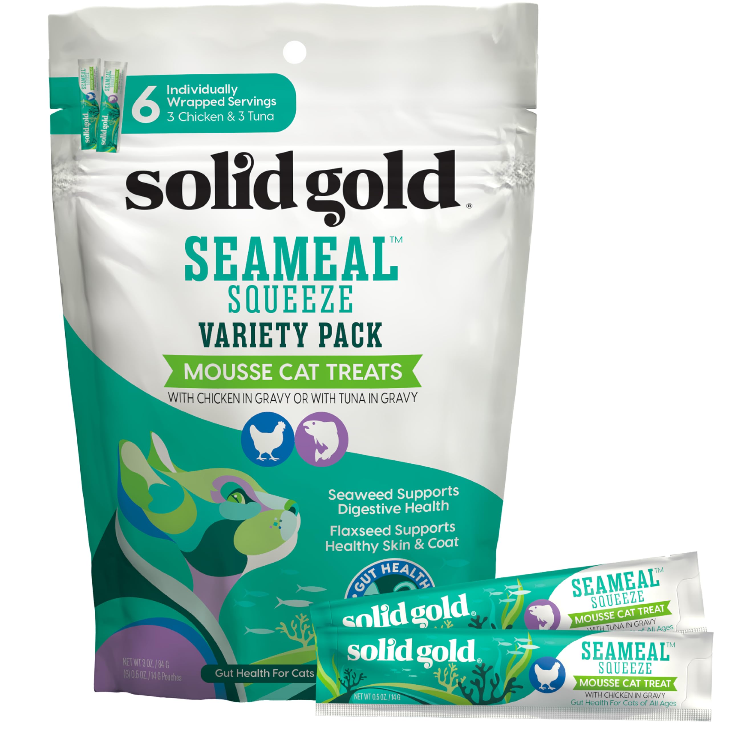 Solid Gold Lickable Cat Treats - Limited Ingredient SeaMeal Squeezable Healthy Cat Treats Variety - Chicken & Tuna Snack & Topper Squeeze Ups for Cats w/for Gut & Immune Support - 3oz/6ct
