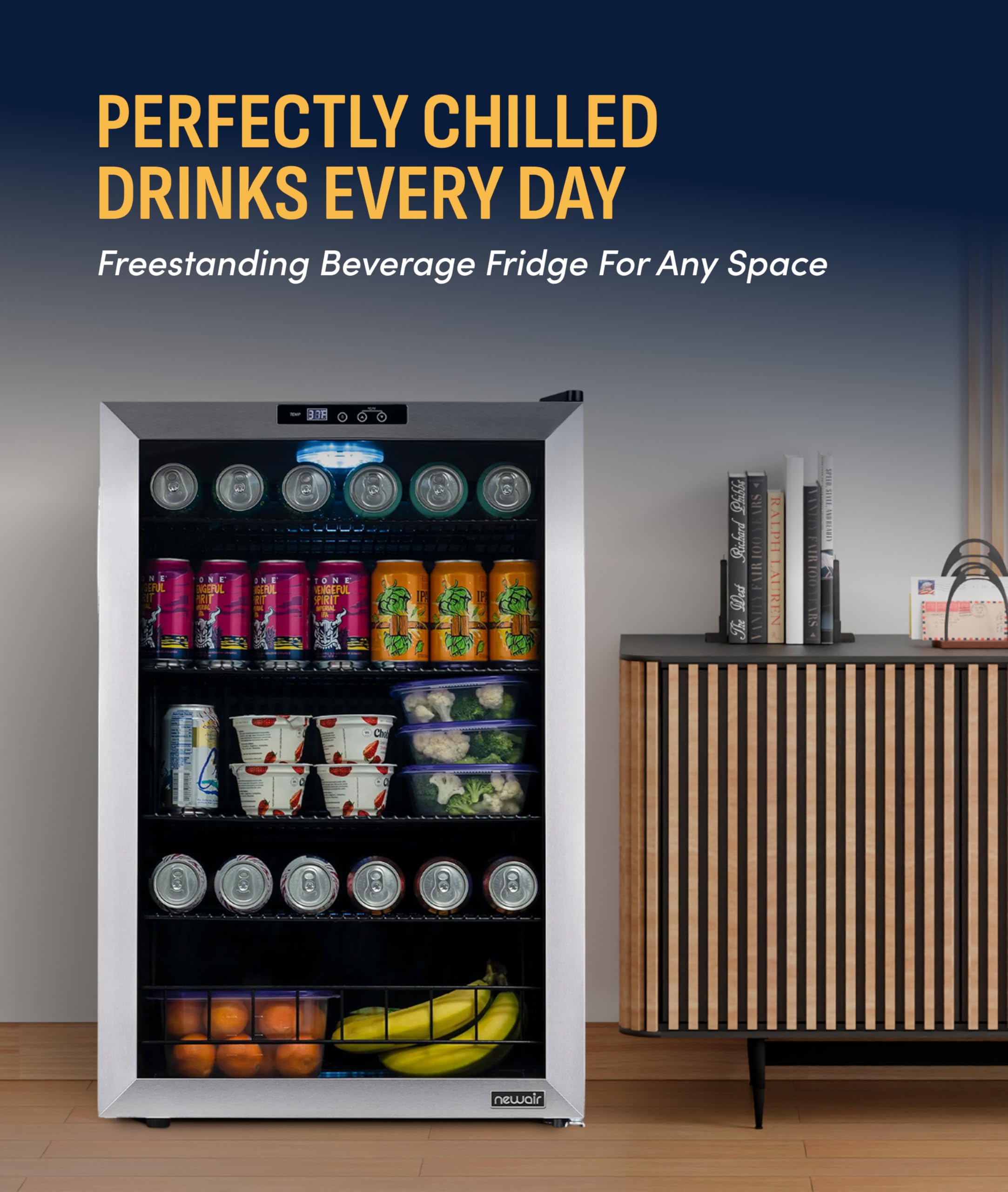 NewAir 160 Can Beverage Refrigerator | Freestanding Small Mini Fridge For Bedroom, Home Bar Or Living Room | Splitshelf Storage, Digital Thermostat & LED Light | Stainless Steel on Fridge.com - View 2