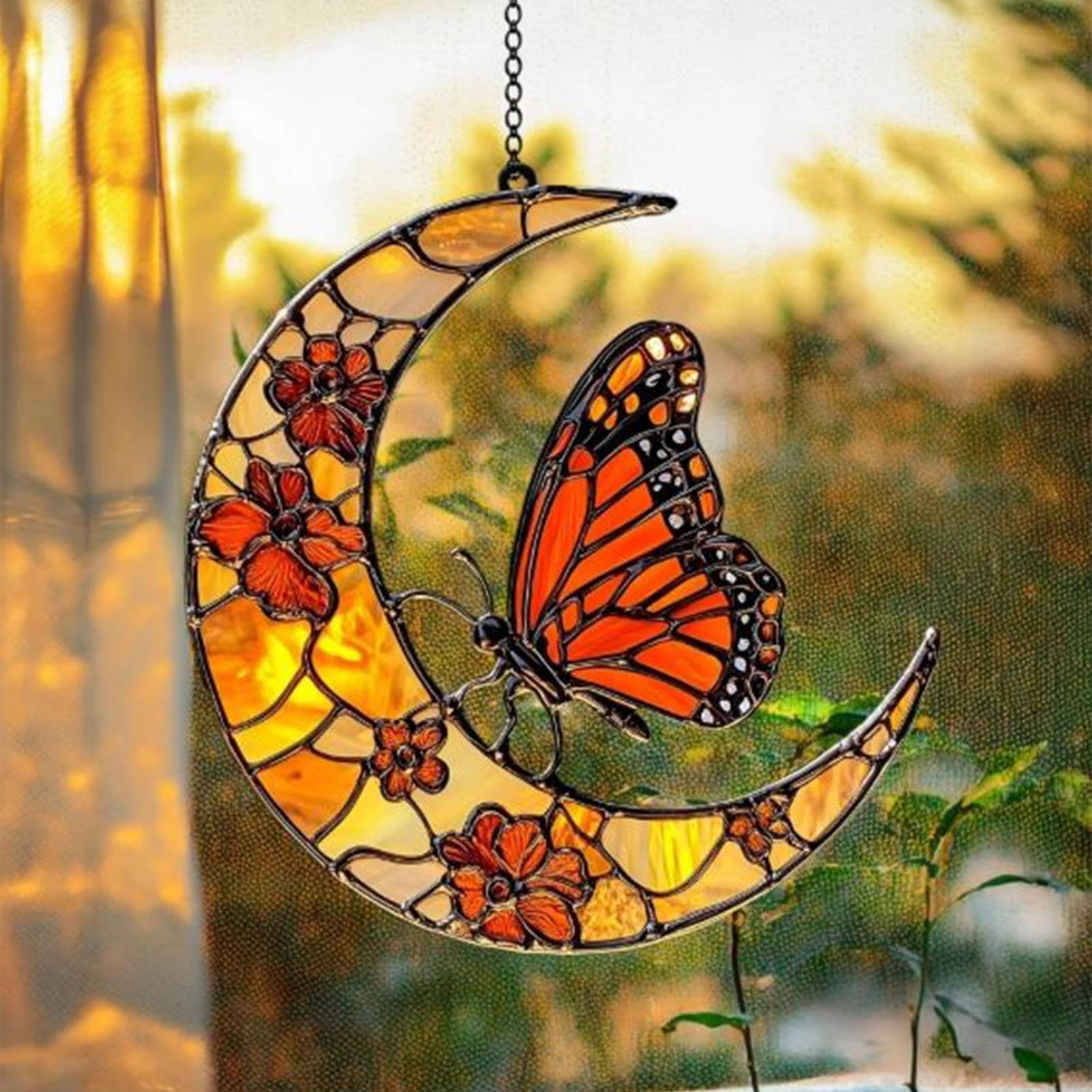 Cattador De Luna Solar, Mariposa Y Luna Solar Catcher Window Butterfly Catcher Catcher Butterfly Sun Catcher, Monarch Butterfly Y Flower Moon Ornament Para Ventana - Ornamento De Arte Acrílico Para De